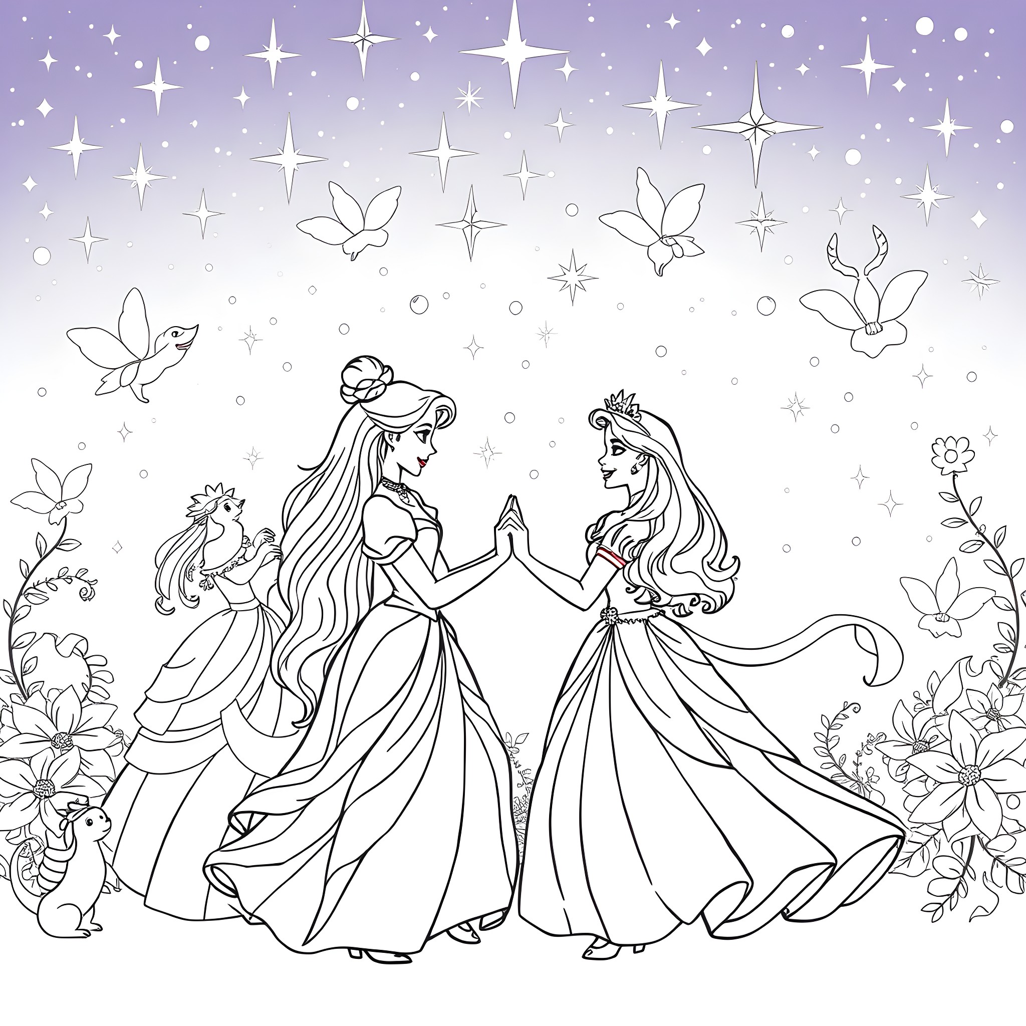 Disney Princess Winter Ball Celebration Coloring Page (free black-and-white line drawing printable PDF for all, from beginners to advanced learners, including children, teens, adults, and seniors)