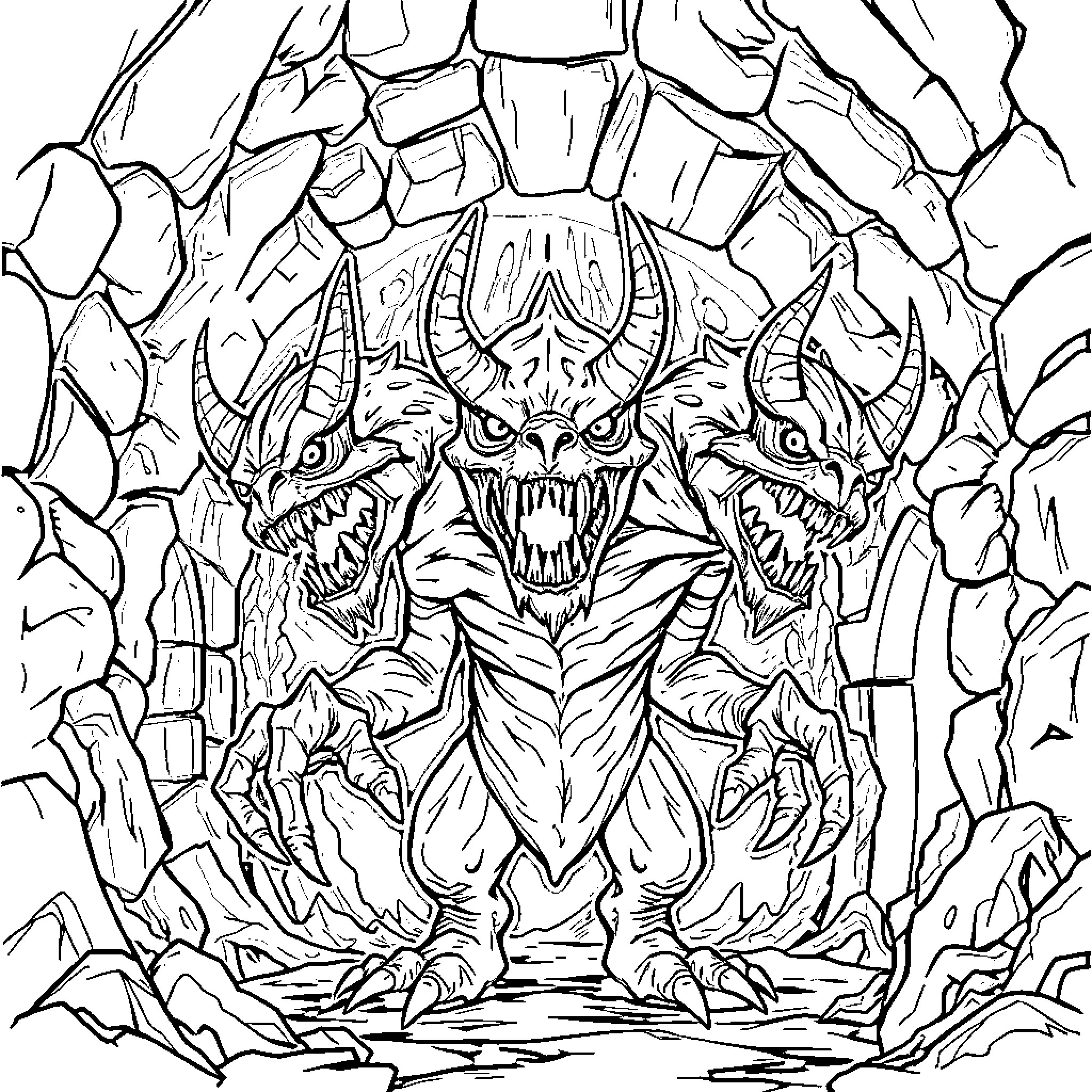 Monster Emerging from Chaotic Underworld Coloring Page (free black-and-white line drawing printable PDF for all, from beginners to advanced learners, including children, teens, adults, and seniors)