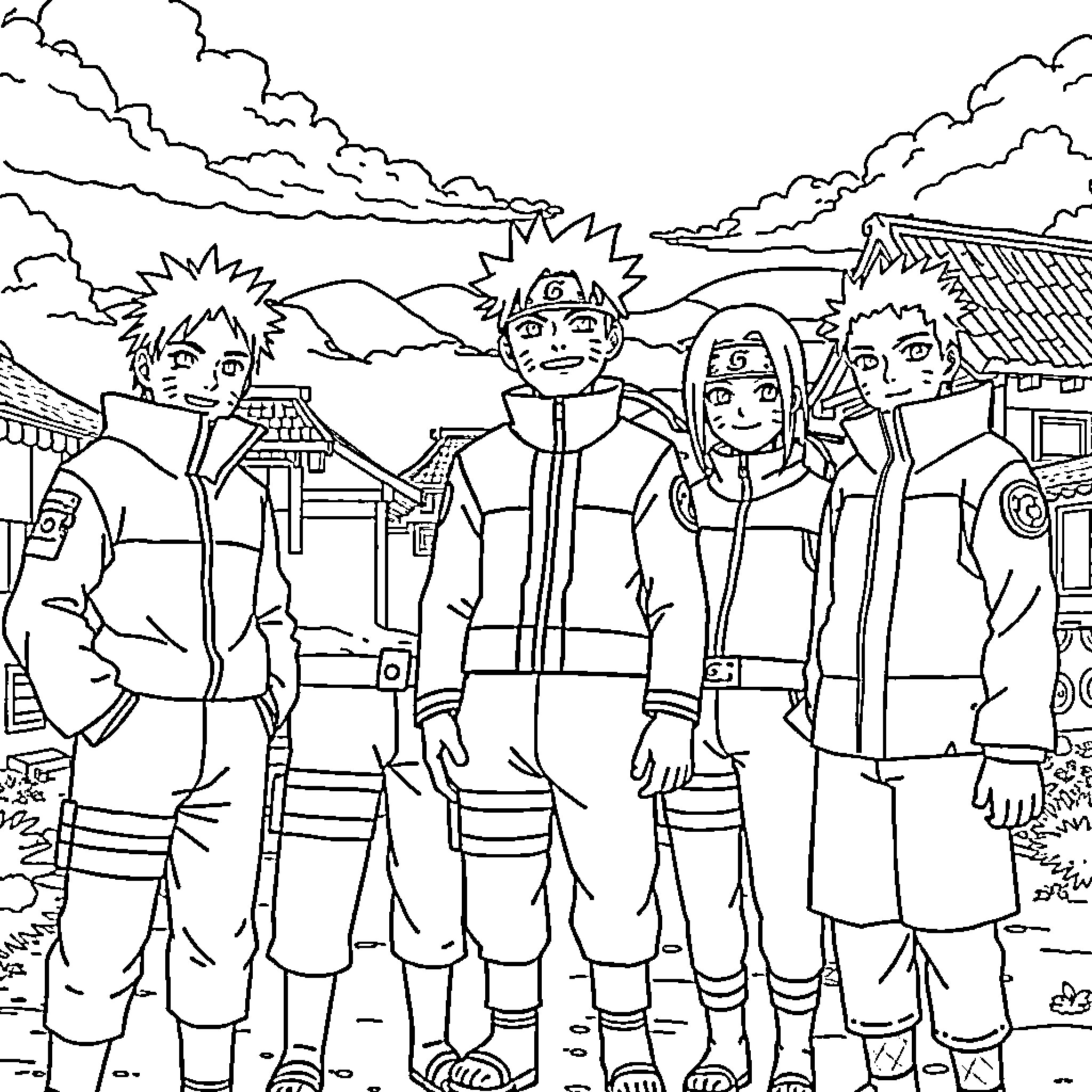 Naruto characters in ninja village setting Coloring Page (free black-and-white line drawing printable PDF for all, from beginners to advanced learners, including children, teens, adults, and seniors)