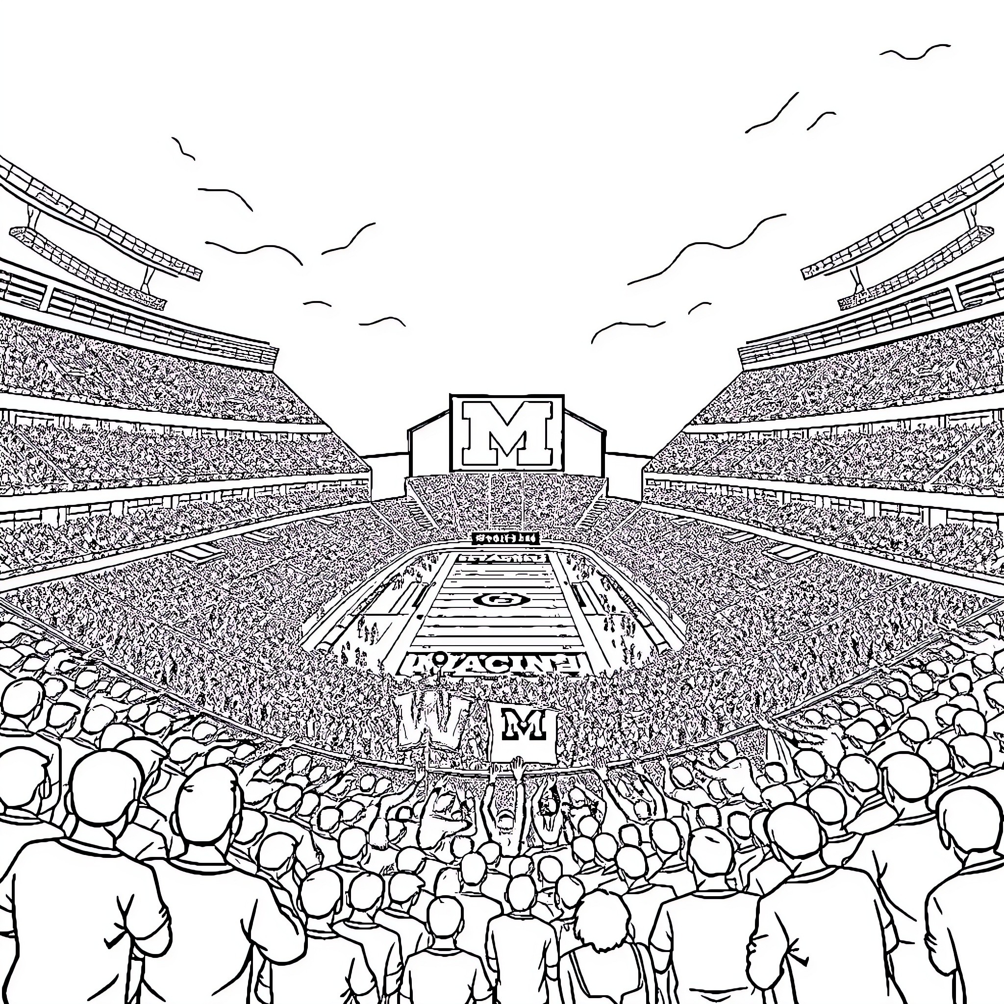 Stadium filled with cheering spectators and sports action Coloring Page (free black-and-white line drawing printable PDF for all, from beginners to advanced learners, including children, teens, adults, and seniors)