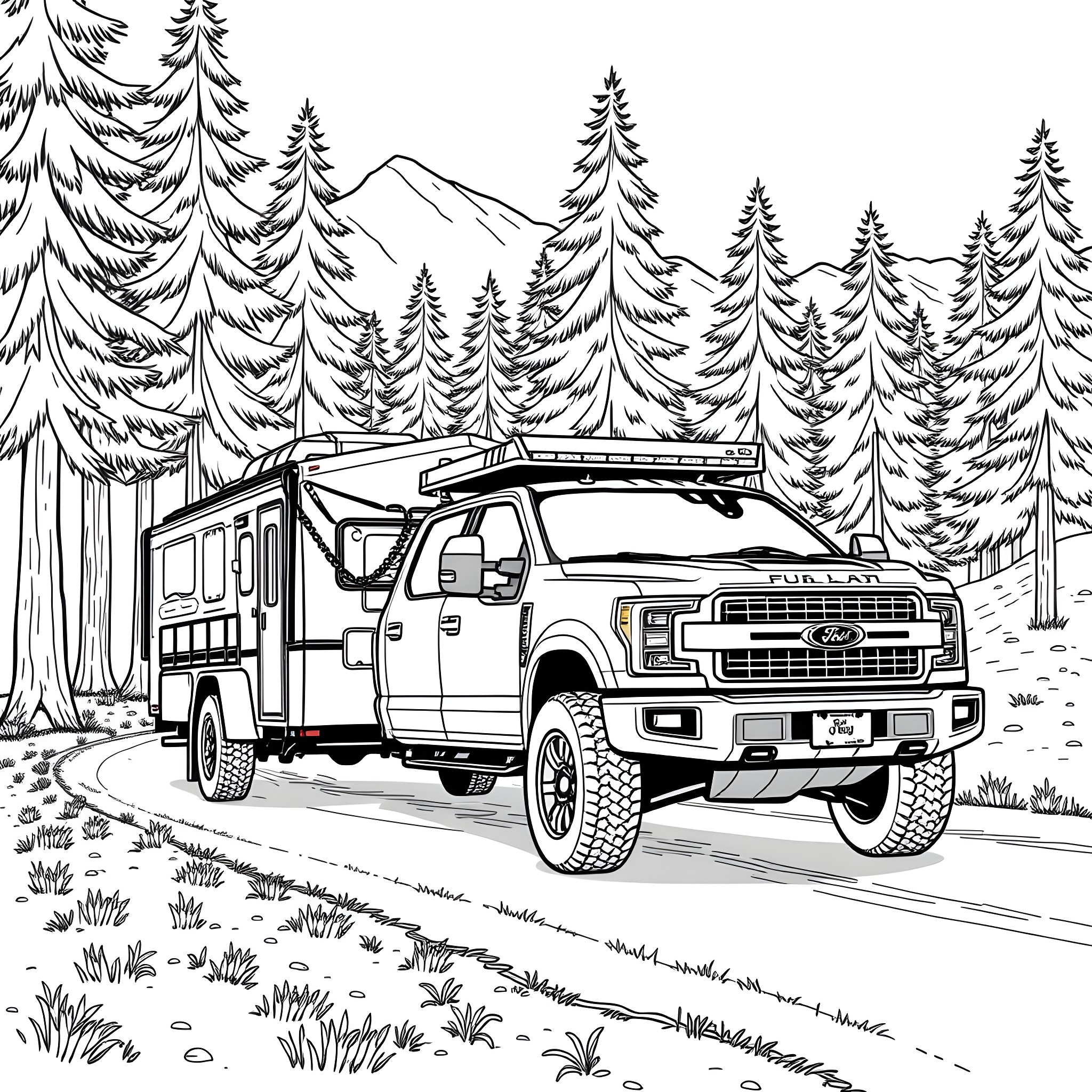 Pickup truck traversing scenic forest landscape Coloring Page (free black-and-white line drawing printable PDF for all, from beginners to advanced learners, including children, teens, adults, and seniors)