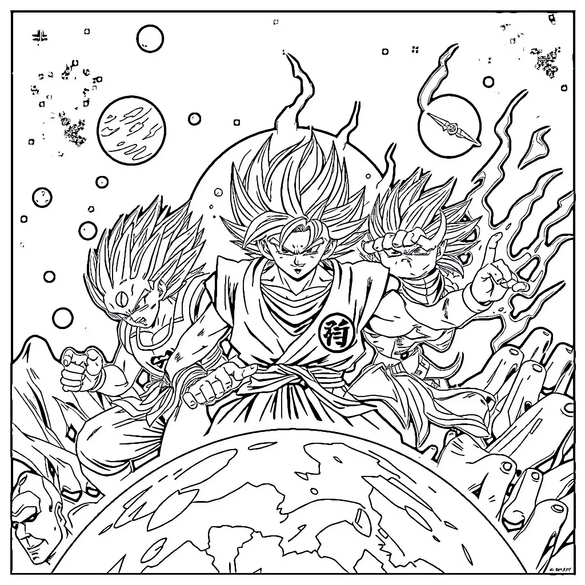 Dragon Ball: Cosmic Warrior Clash Over the Earth Coloring Page (free black-and-white line drawing printable PDF for all, from beginners to advanced learners, including children, teens, adults, and seniors)