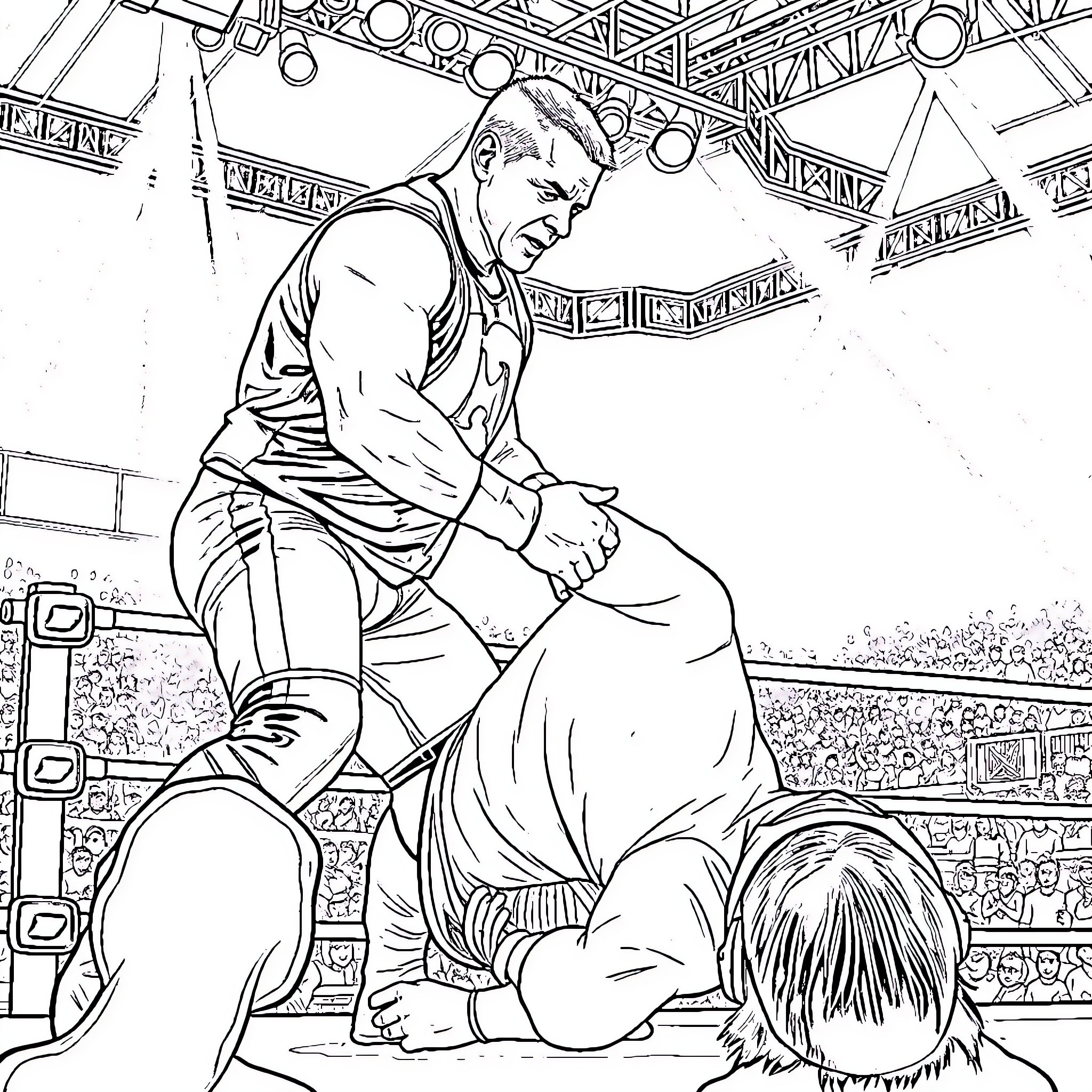 John Cena Dominates in the Wrestling Ring Coloring Page (free black-and-white line drawing printable PDF for all, from beginners to advanced learners, including children, teens, adults, and seniors)