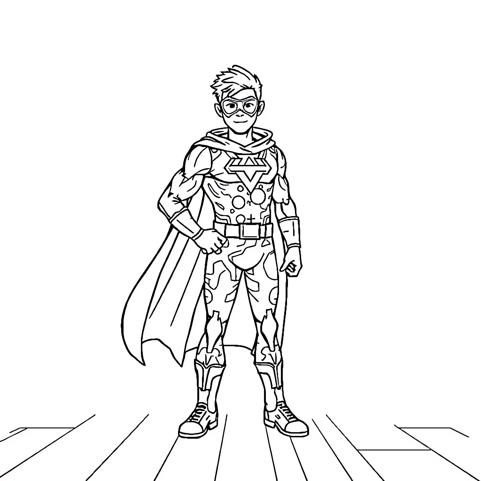 Superhero in Unique Costume Striking a Pose Coloring Page (free black-and-white line drawing printable PDF for all, from beginners to advanced learners, including children, teens, adults, and seniors)