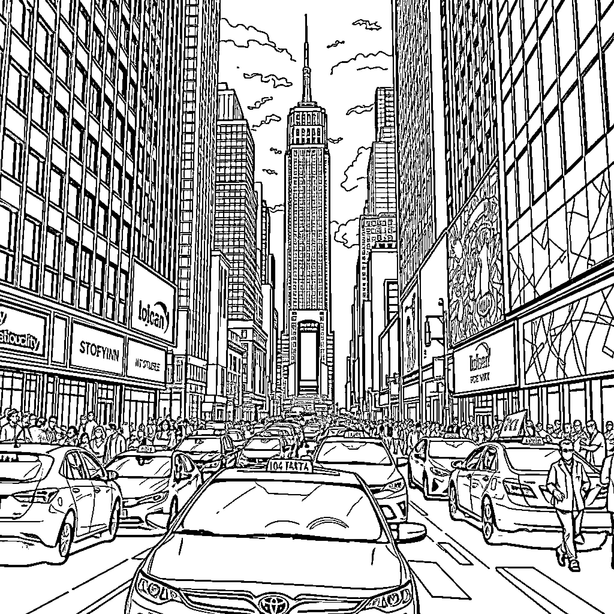 New York City street scene with bustling crowds and towering skyscrapers Coloring Page (free black-and-white line drawing printable PDF for all, from beginners to advanced learners, including children, teens, adults, and seniors)
