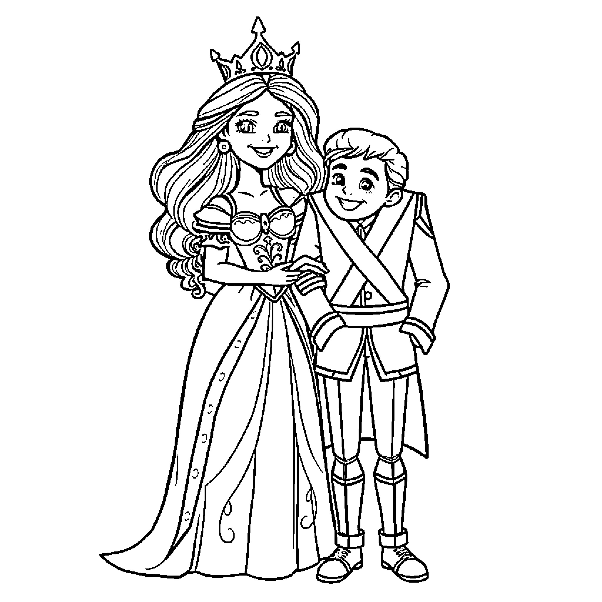 Queen and Prince in Royal Attire Coloring Page (free black-and-white line drawing printable PDF for all, from beginners to advanced learners, including children, teens, adults, and seniors)
