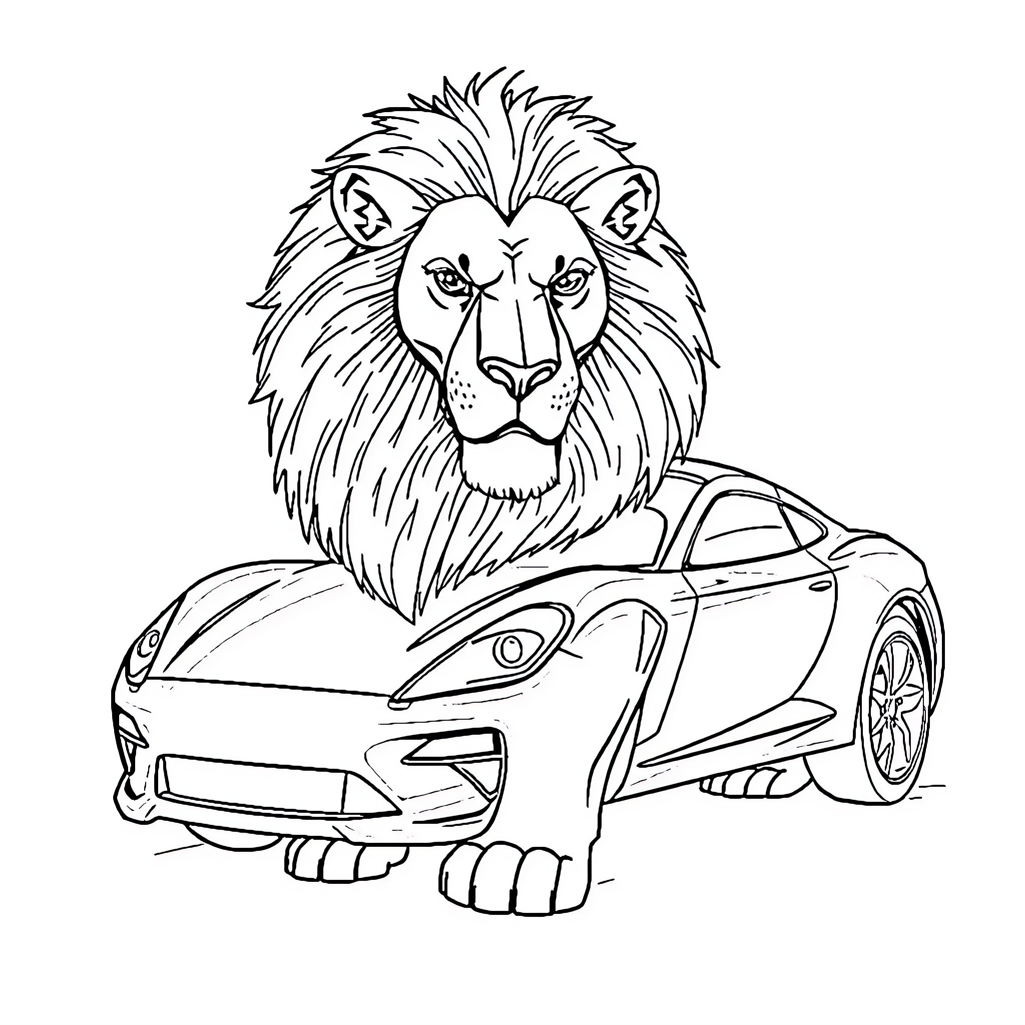 Lion Car Guarding Sports Car Coloring Page (free black-and-white line drawing printable PDF for all, from beginners to advanced learners, including children, teens, adults, and seniors)