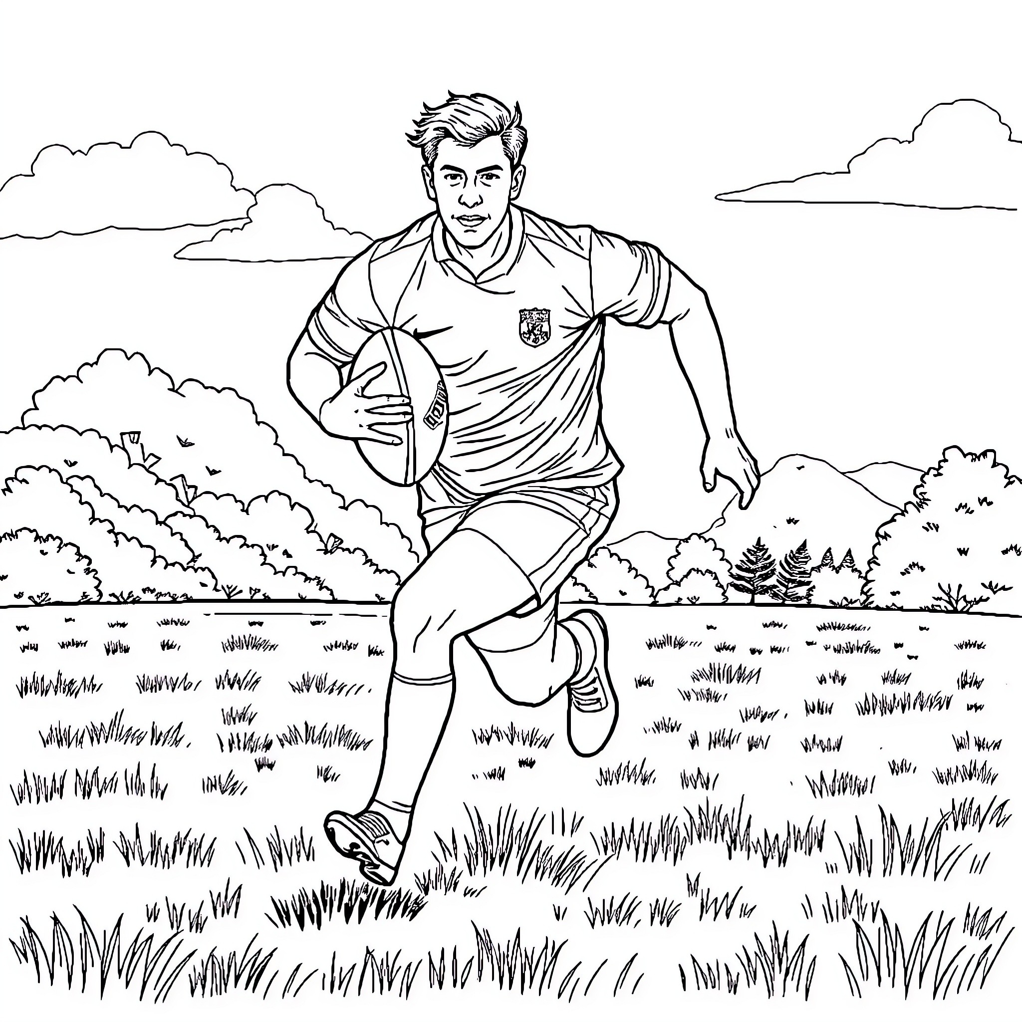Rugby Player Running on the Field Coloring Page (free black-and-white line drawing printable PDF for all, from beginners to advanced learners, including children, teens, adults, and seniors)