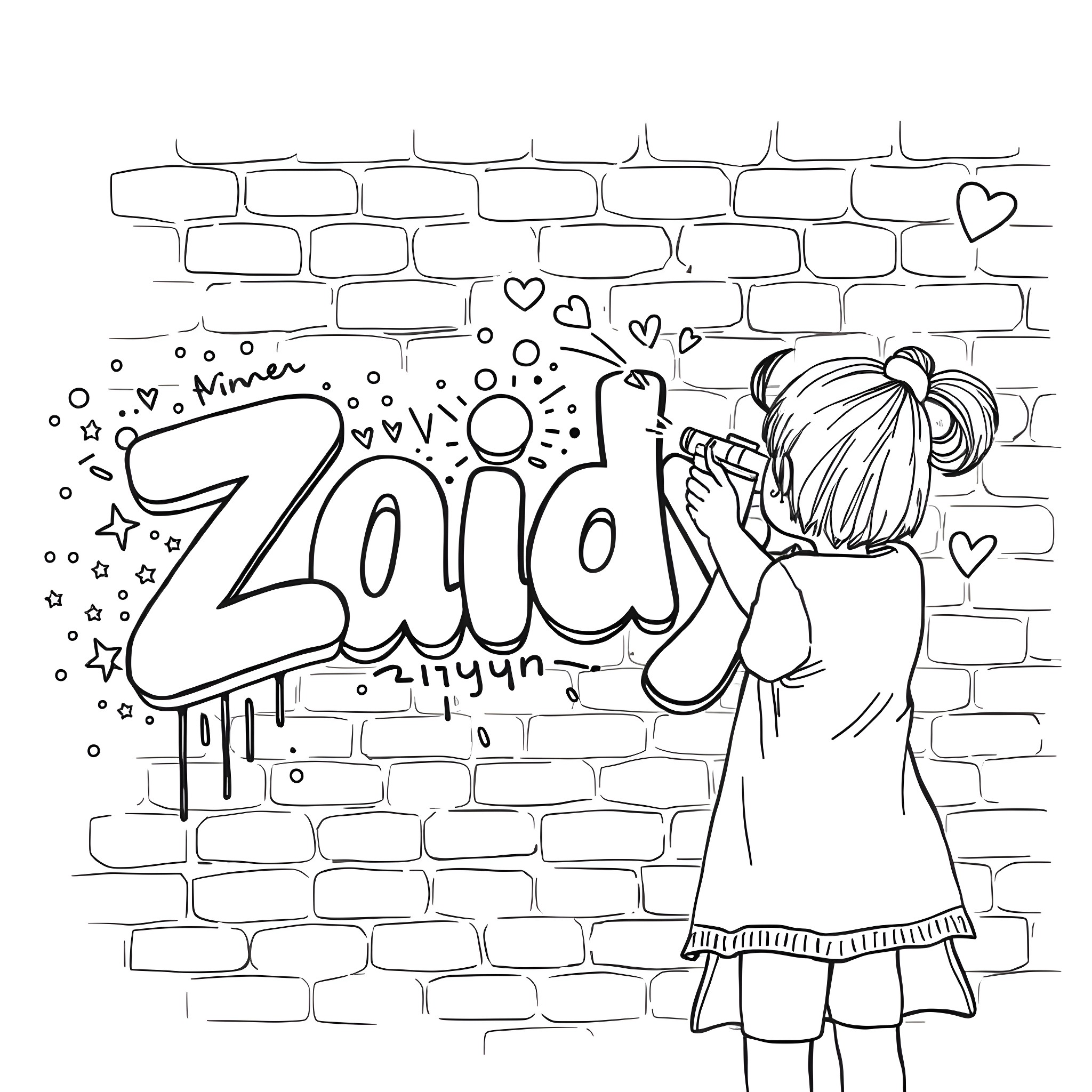 Girl drawing graffiti on the wall Coloring Page (free black-and-white line drawing printable PDF for all, from beginners to advanced learners, including children, teens, adults, and seniors)