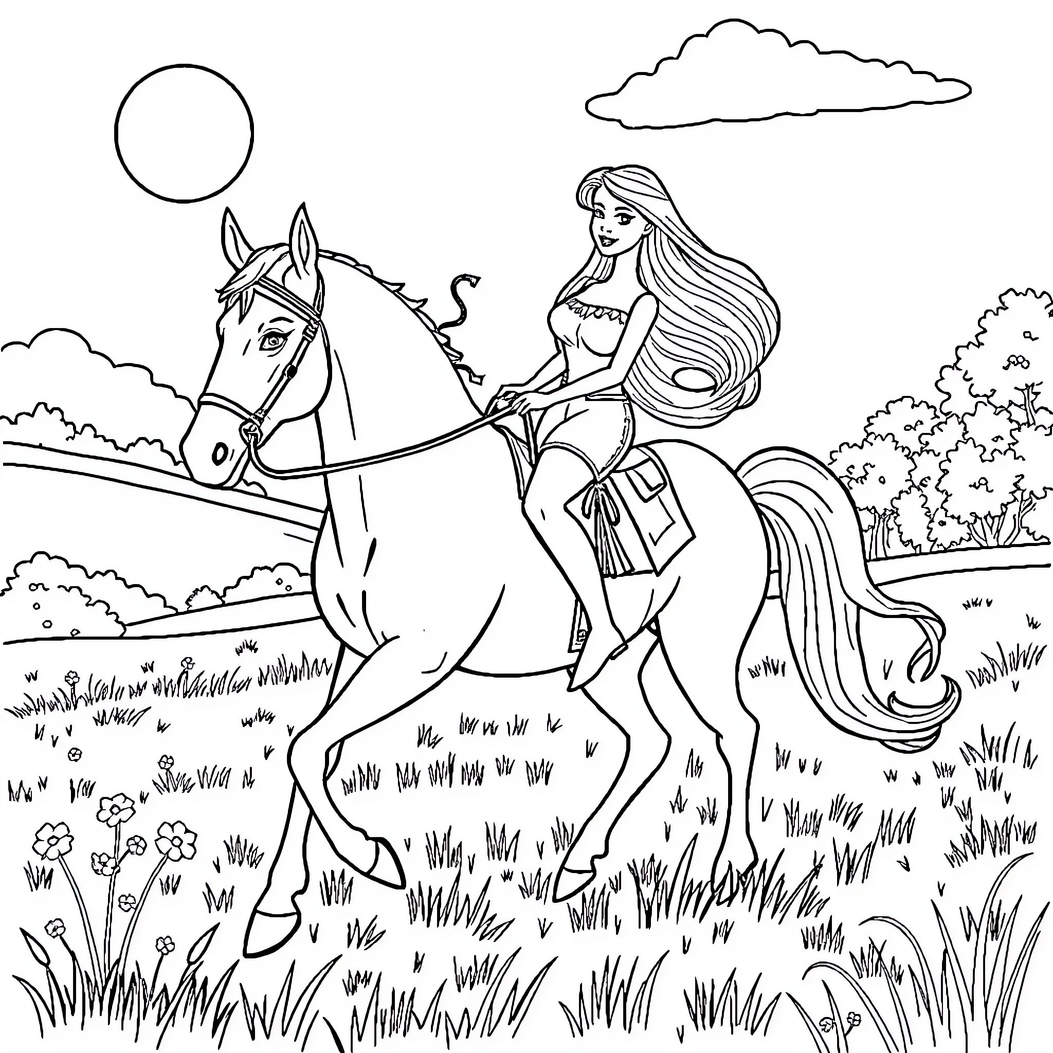 Barbie riding a horse through a scenic landscape Coloring Page (free black-and-white line drawing printable PDF for all, from beginners to advanced learners, including children, teens, adults, and seniors)