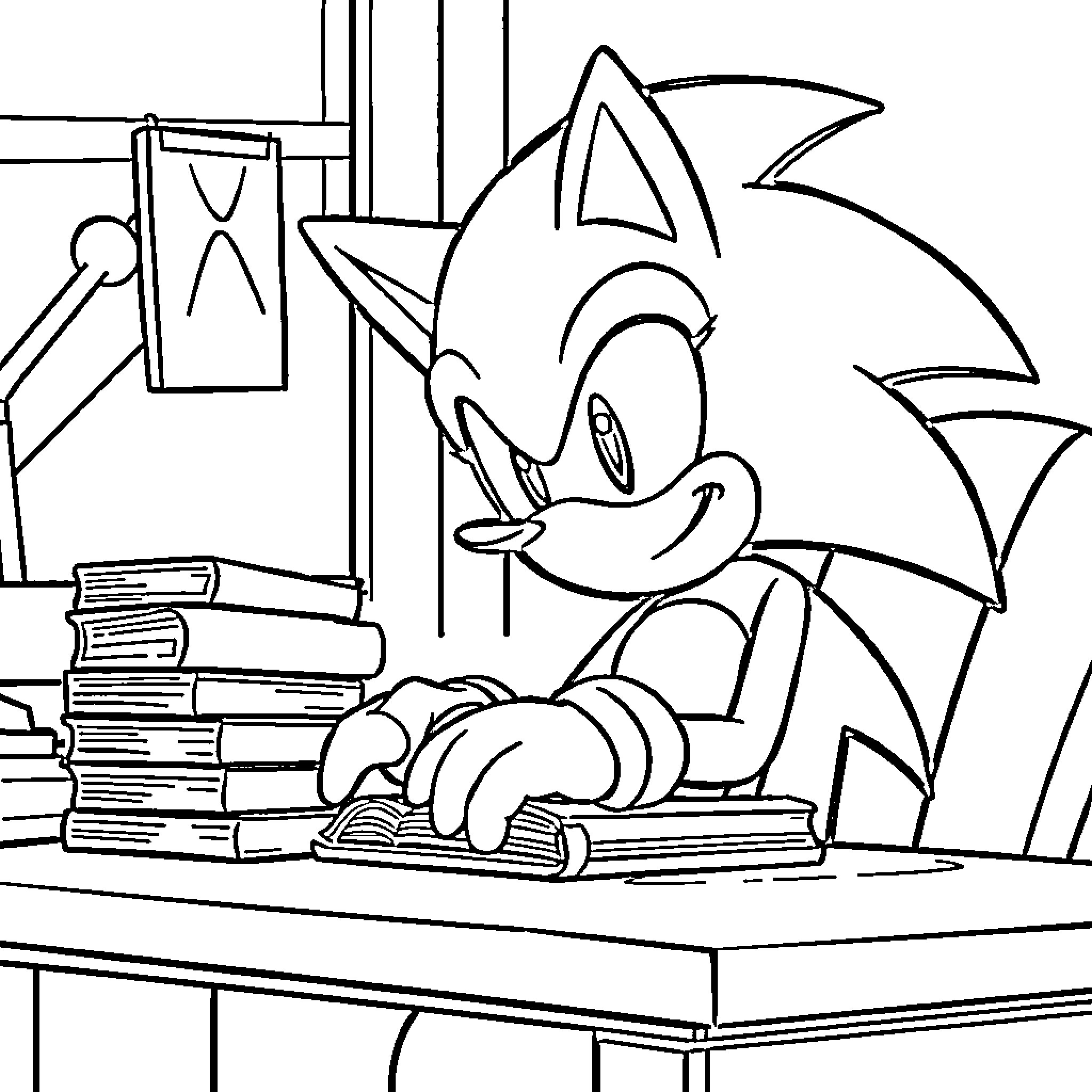Sonic studying intently at his desk Coloring Page (free black-and-white line drawing printable PDF for all, from beginners to advanced learners, including children, teens, adults, and seniors)