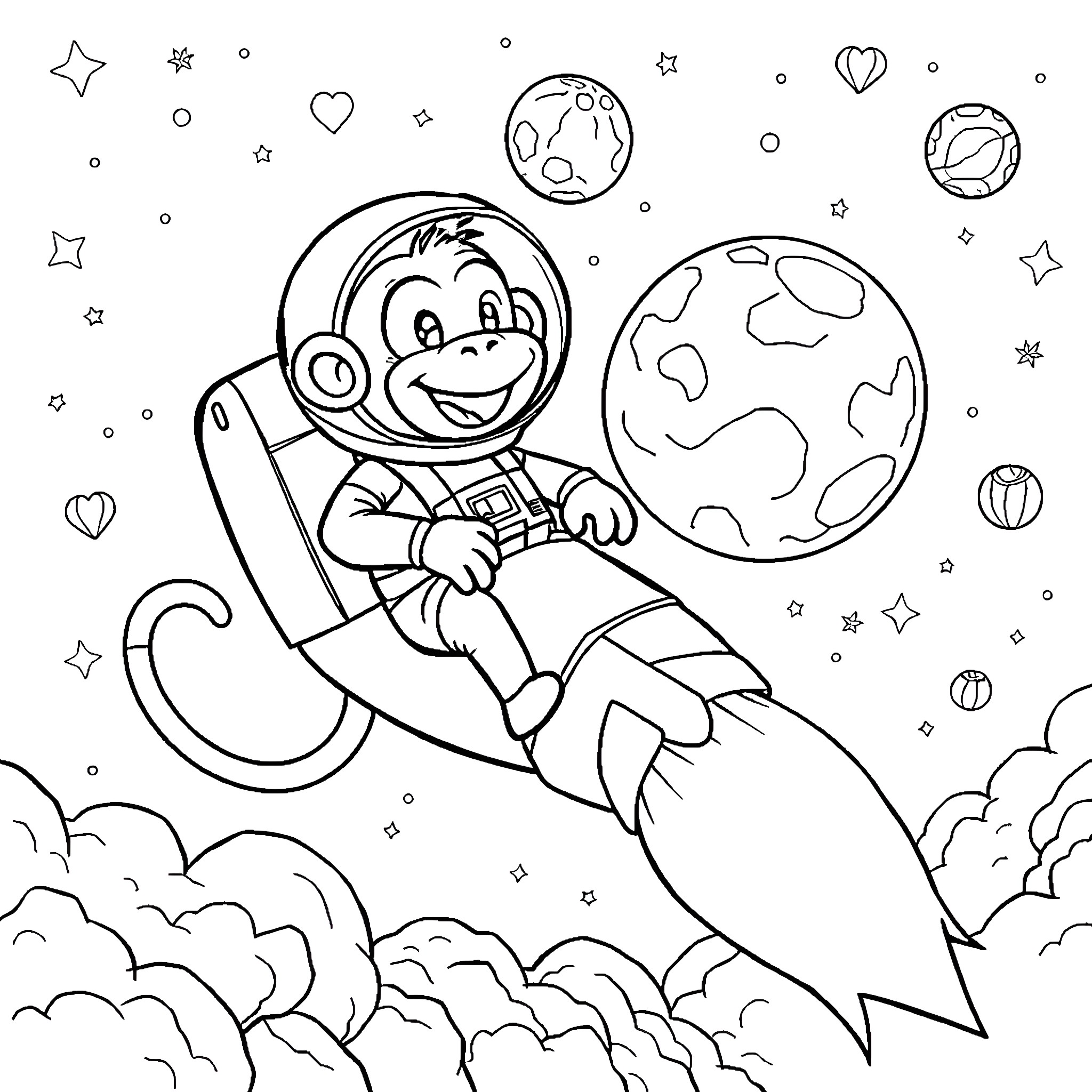 Monkey astronaut exploring the cosmos Coloring Page (free black-and-white line drawing printable PDF for all, from beginners to advanced learners, including children, teens, adults, and seniors)
