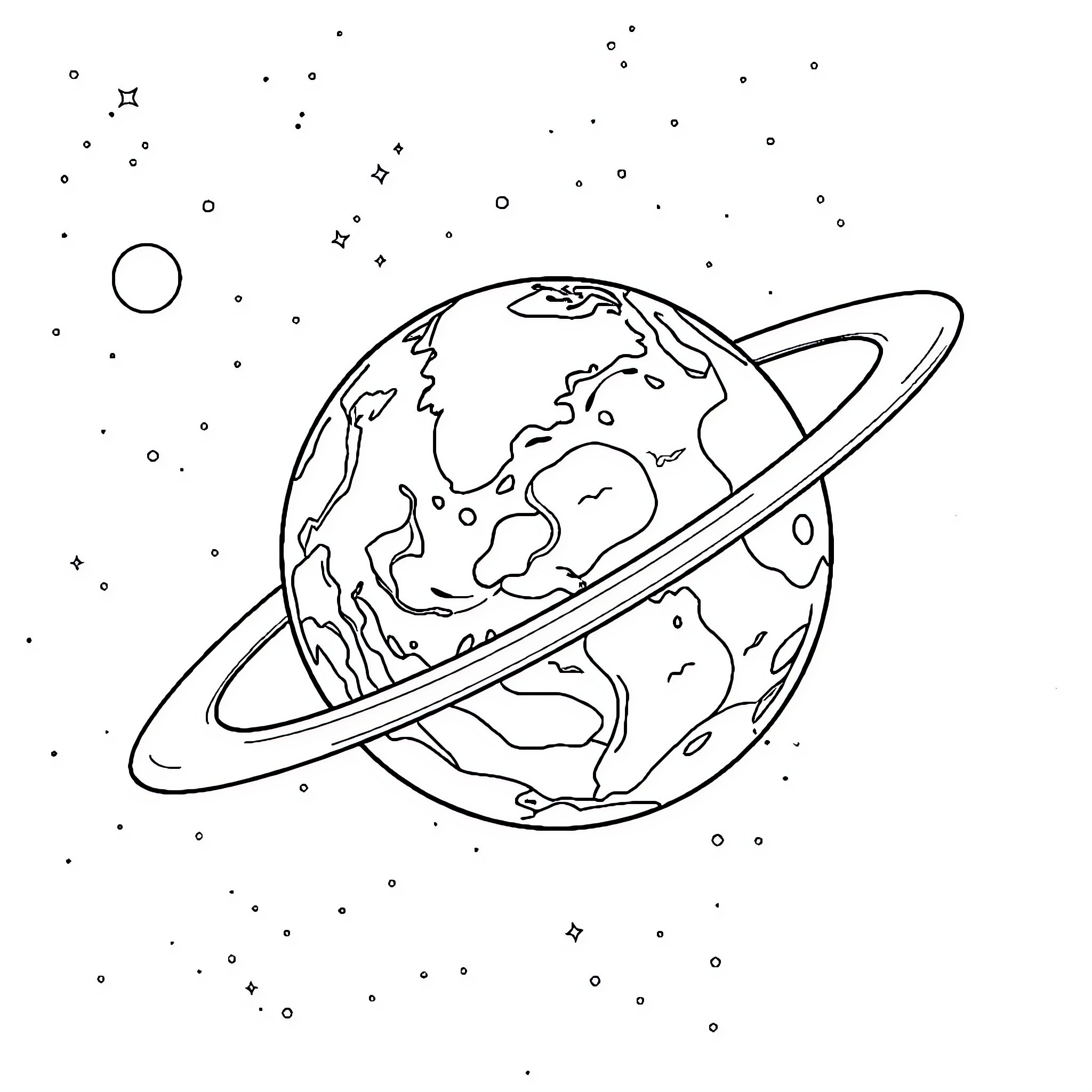 Planet with swirling rings in cosmic space Coloring Page (free black-and-white line drawing printable PDF for all, from beginners to advanced learners, including children, teens, adults, and seniors)