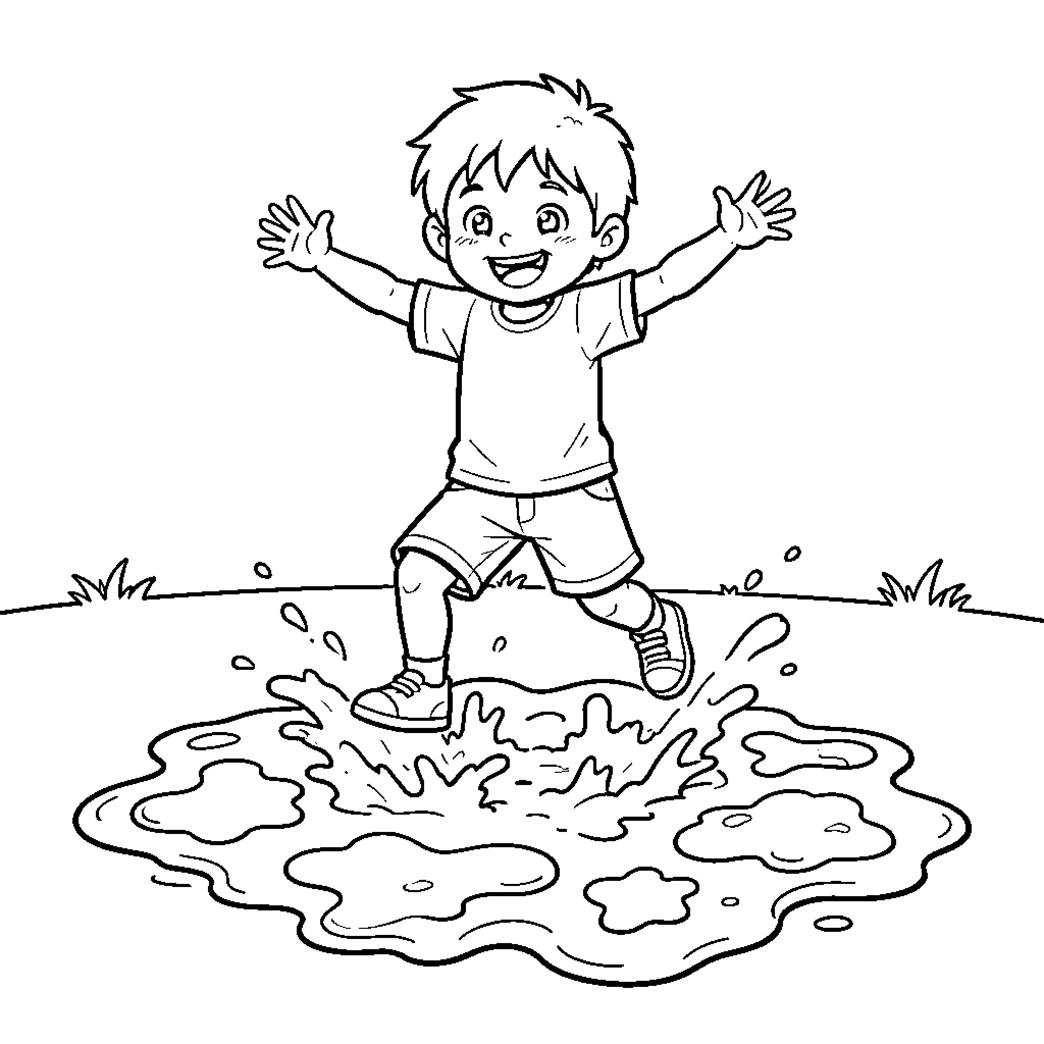 Child enjoying a puddle on a rainy day Coloring Page (free black-and-white line drawing printable PDF for all, from beginners to advanced learners, including children, teens, adults, and seniors)