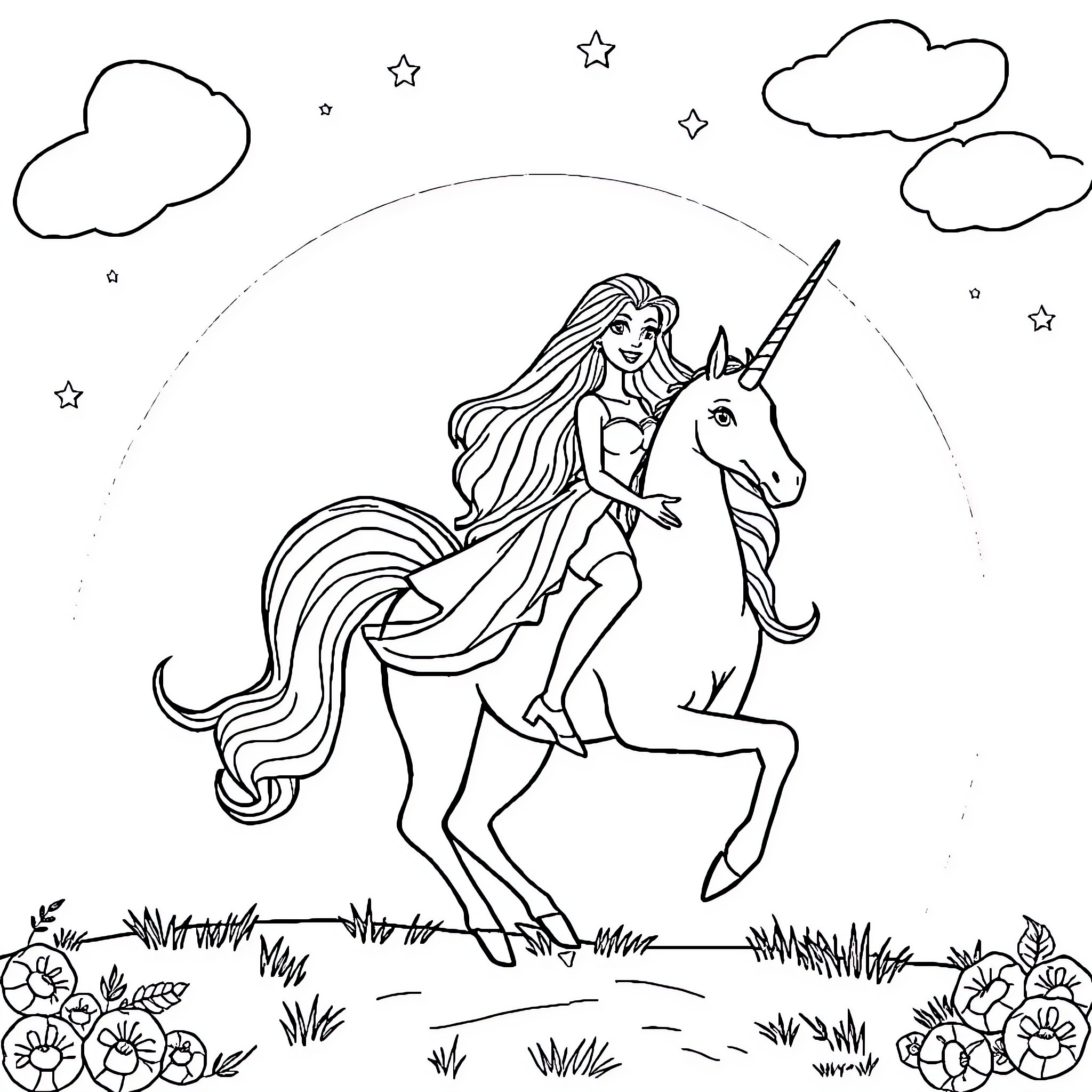 Unicorn rider on a moonlit journey Coloring Page (free black-and-white line drawing printable PDF for all, from beginners to advanced learners, including children, teens, adults, and seniors)