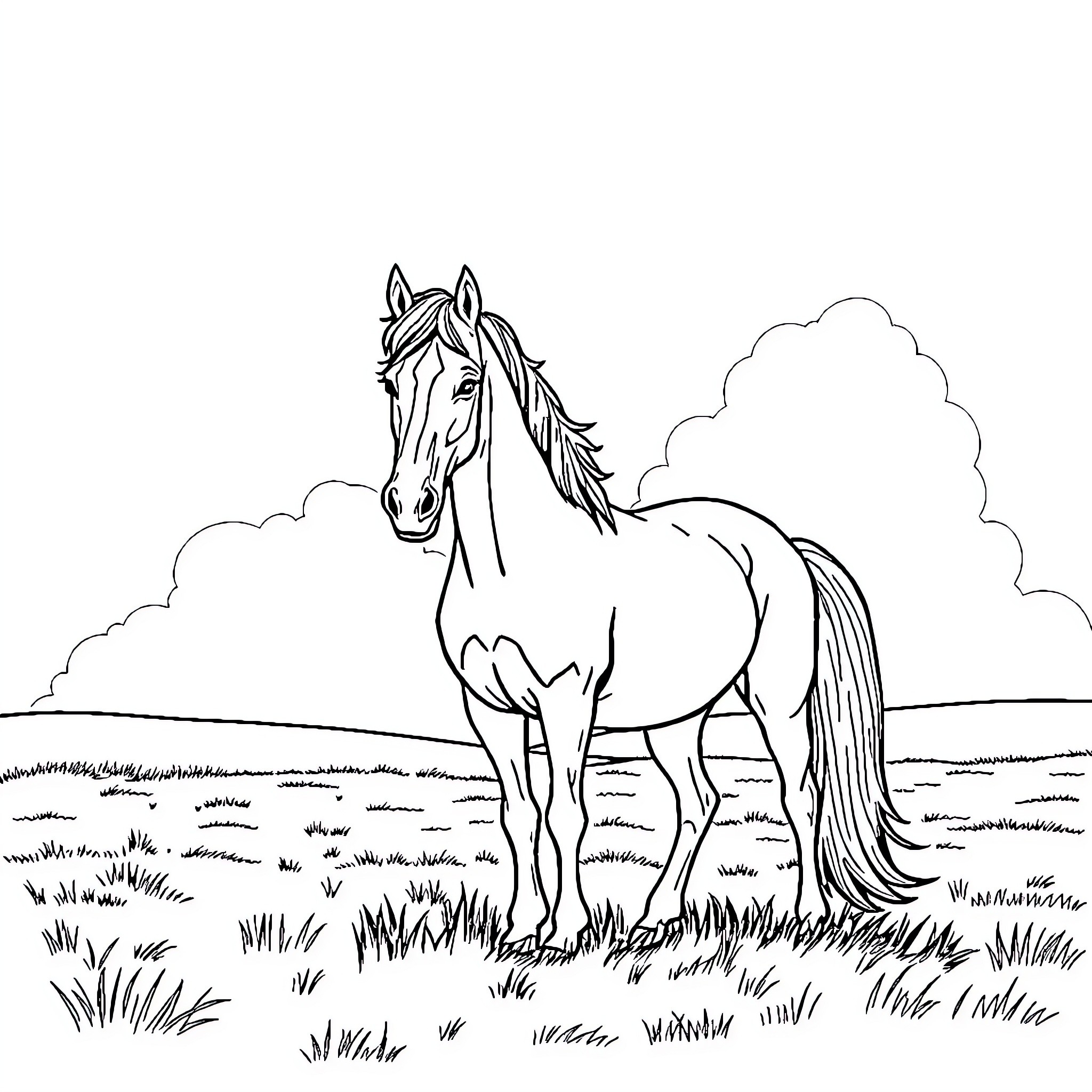 Horse standing proudly in a grassy field Coloring Page (free black-and-white line drawing printable PDF for all, from beginners to advanced learners, including children, teens, adults, and seniors)