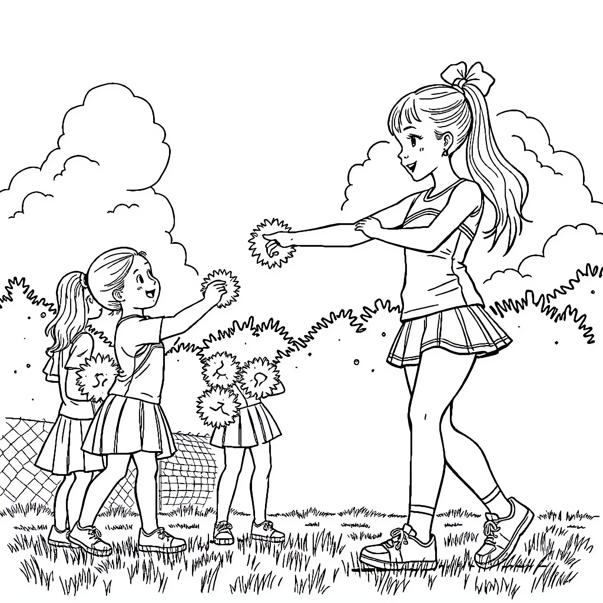 Cheerleaders Performing Energetic Routine on Grassy Field Coloring Page (free black-and-white line drawing printable PDF for all, from beginners to advanced learners, including children, teens, adults, and seniors)