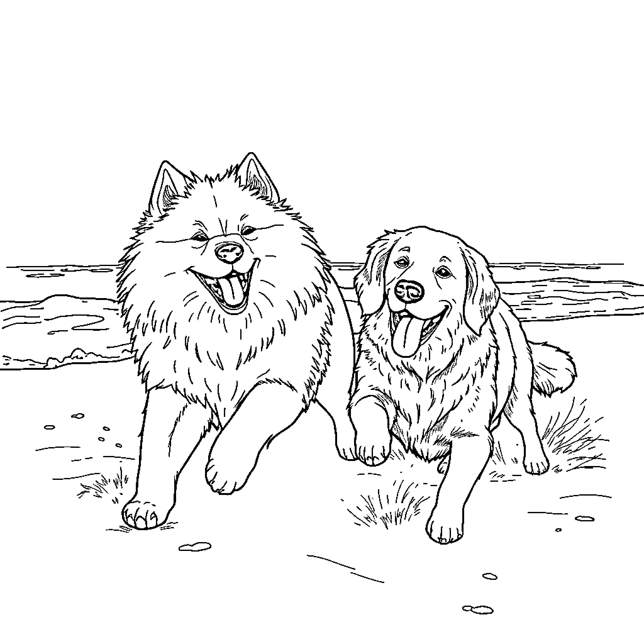 Dog friends playing on the beach Coloring Page (free black-and-white line drawing printable PDF for all, from beginners to advanced learners, including children, teens, adults, and seniors)