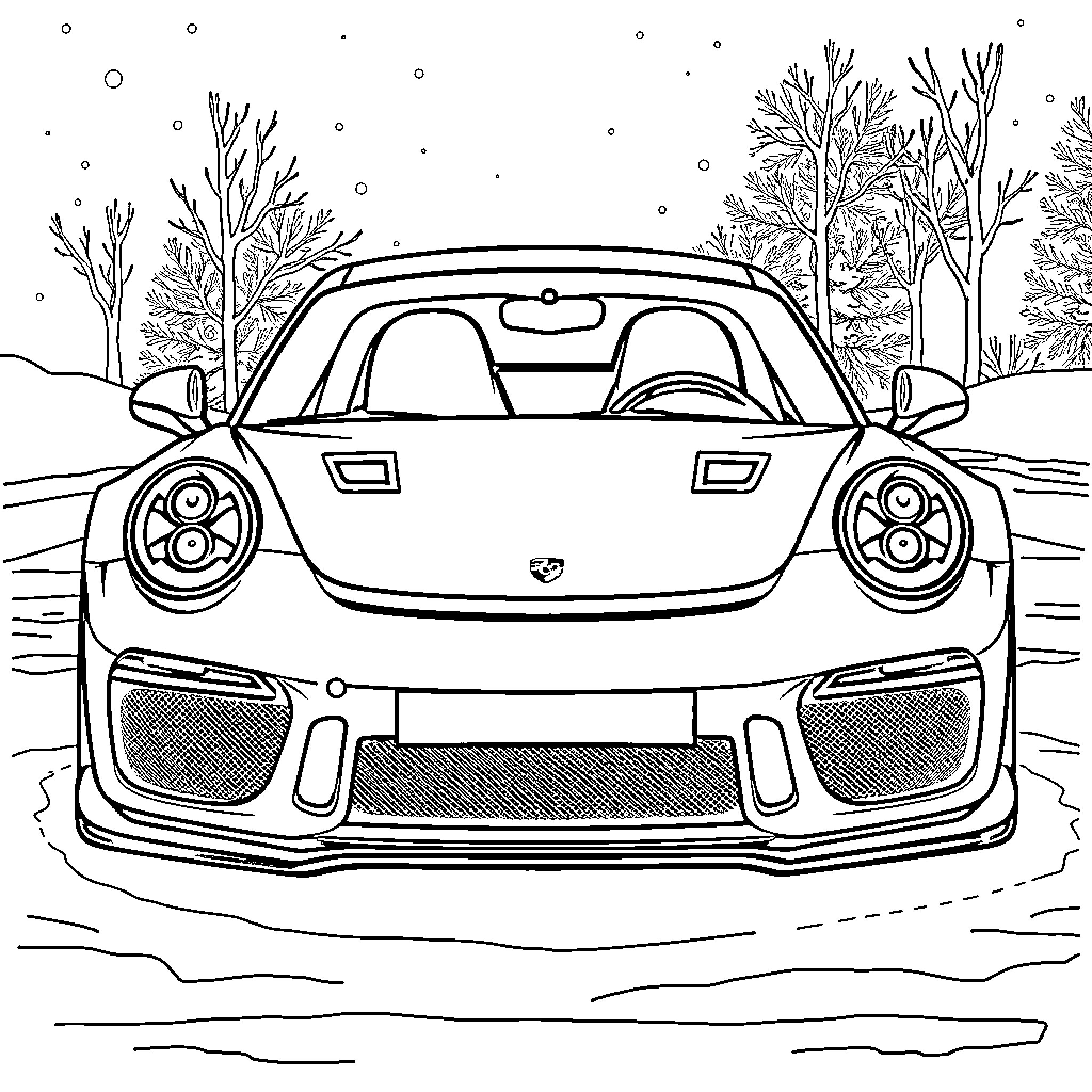 Porsche sports car driving through a snowy landscape Coloring Page (free black-and-white line drawing printable PDF for all, from beginners to advanced learners, including children, teens, adults, and seniors)