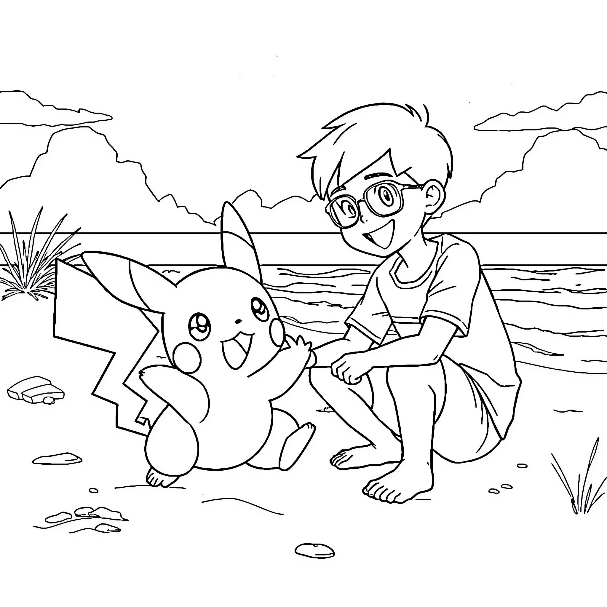 Pokémon trainer enjoying time with Pikachu at the beach Coloring Page (free black-and-white line drawing printable PDF for all, from beginners to advanced learners, including children, teens, adults, and seniors)