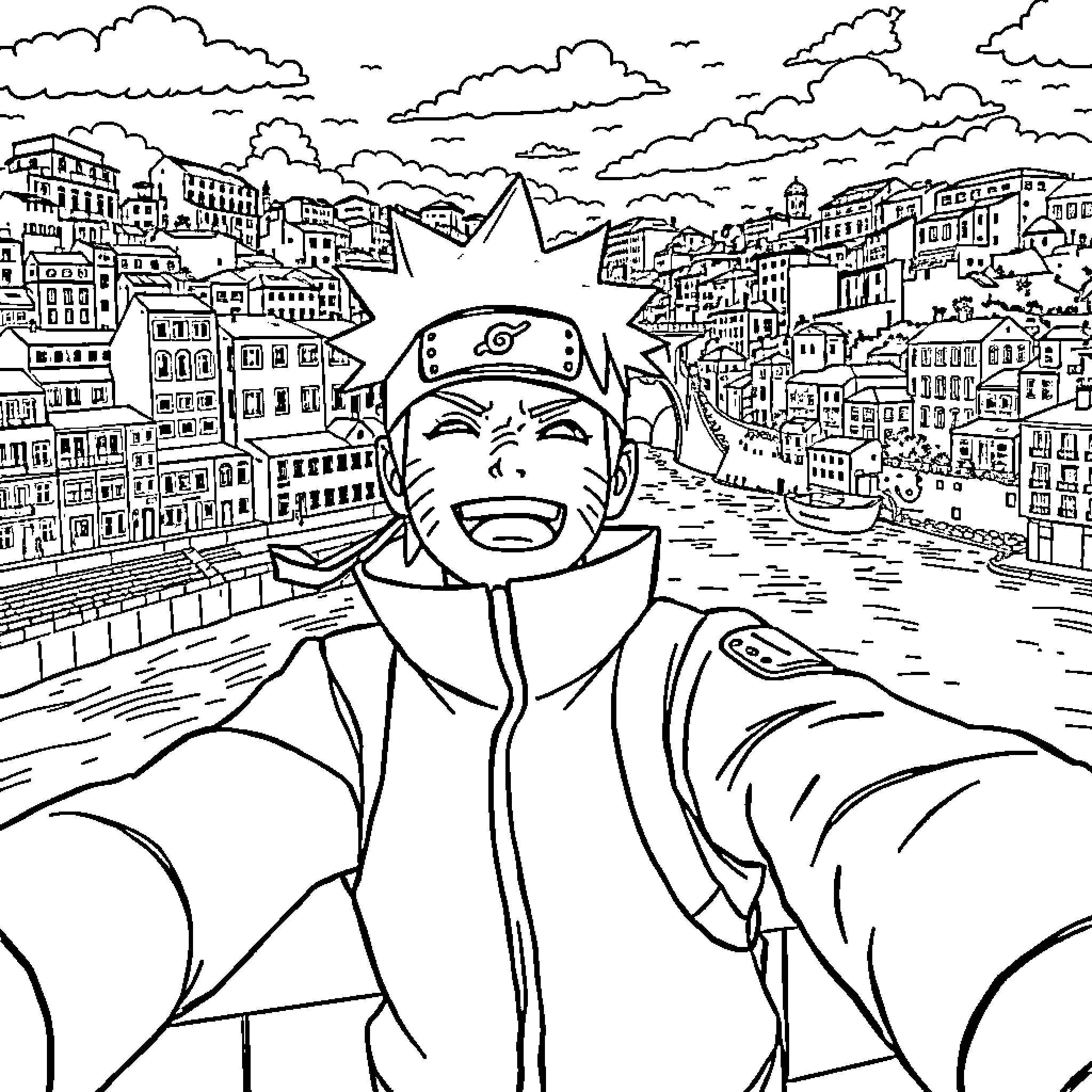 Naruto exploring the vibrant cityscape Coloring Page (free black-and-white line drawing printable PDF for all, from beginners to advanced learners, including children, teens, adults, and seniors)