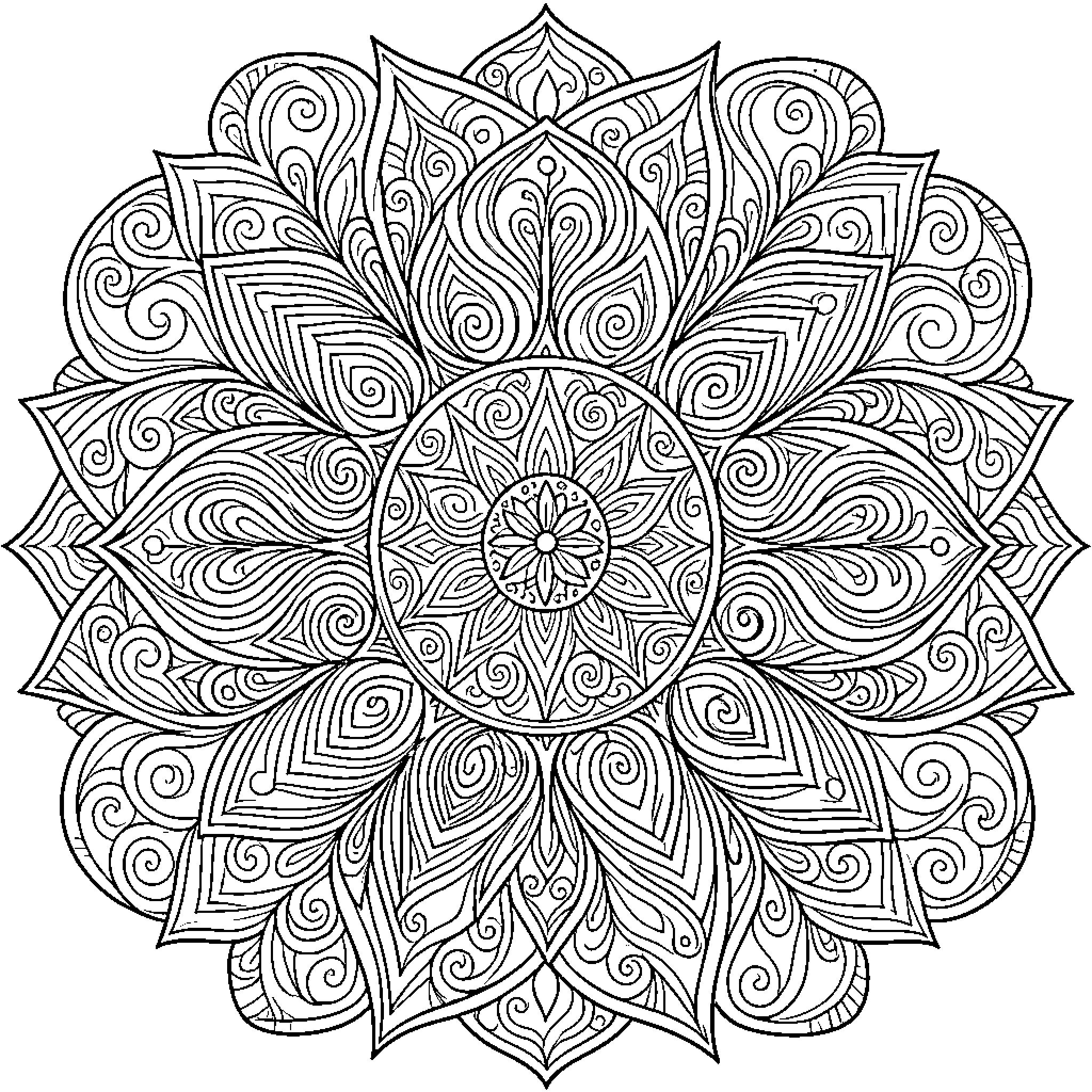 Mendela intricate floral mandala design Coloring Page (free black-and-white line drawing printable PDF for all, from beginners to advanced learners, including children, teens, adults, and seniors)