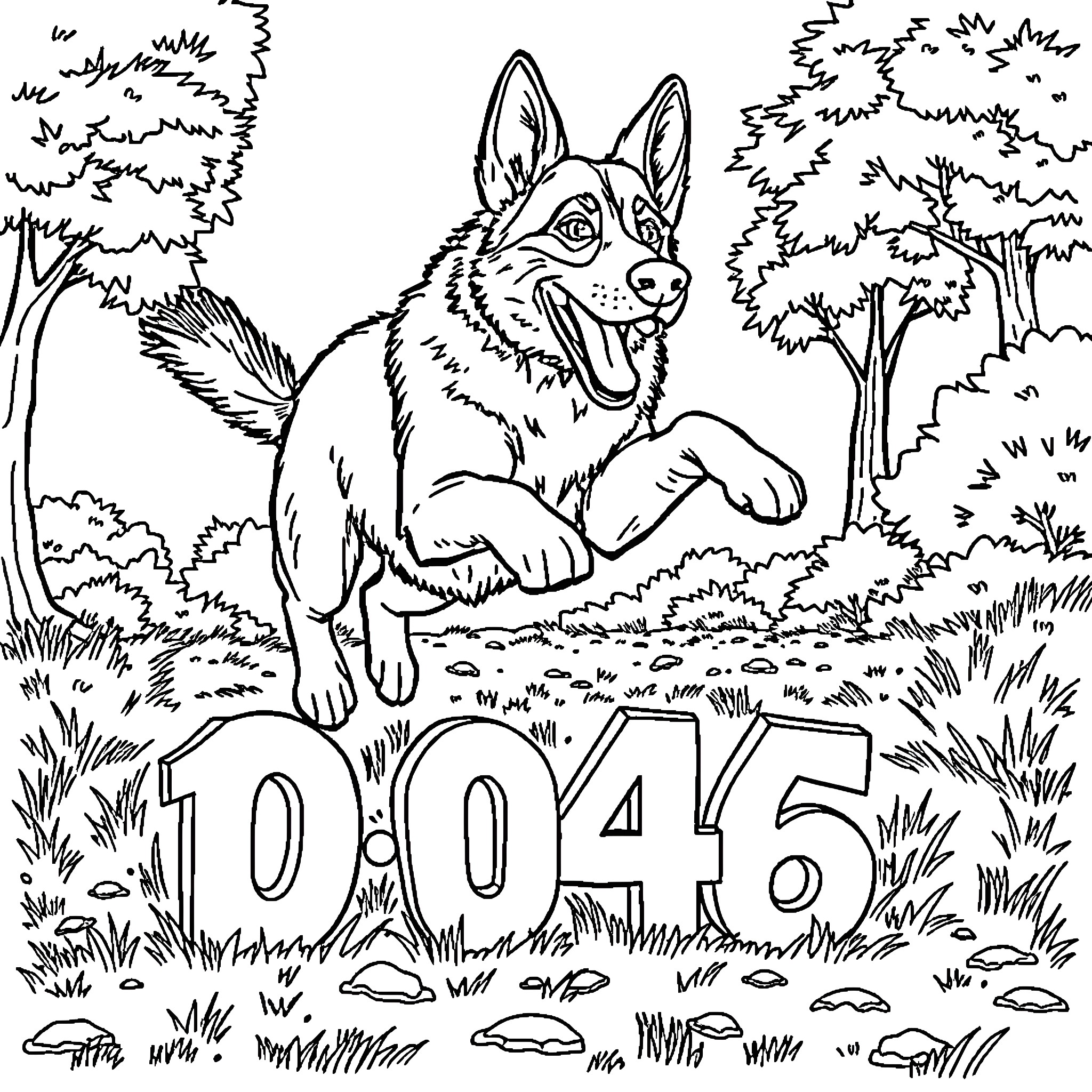 German Shepherd guarding the forest landscape Coloring Page (free black-and-white line drawing printable PDF for all, from beginners to advanced learners, including children, teens, adults, and seniors)