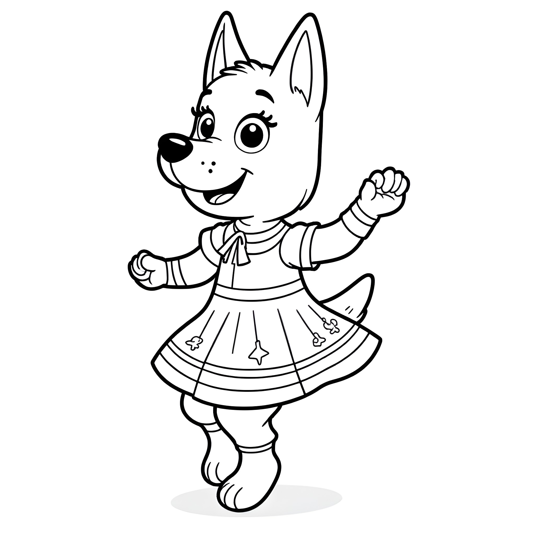 Bluey playing happily in her dress Coloring Page (free black-and-white line drawing printable PDF for all, from beginners to advanced learners, including children, teens, adults, and seniors)