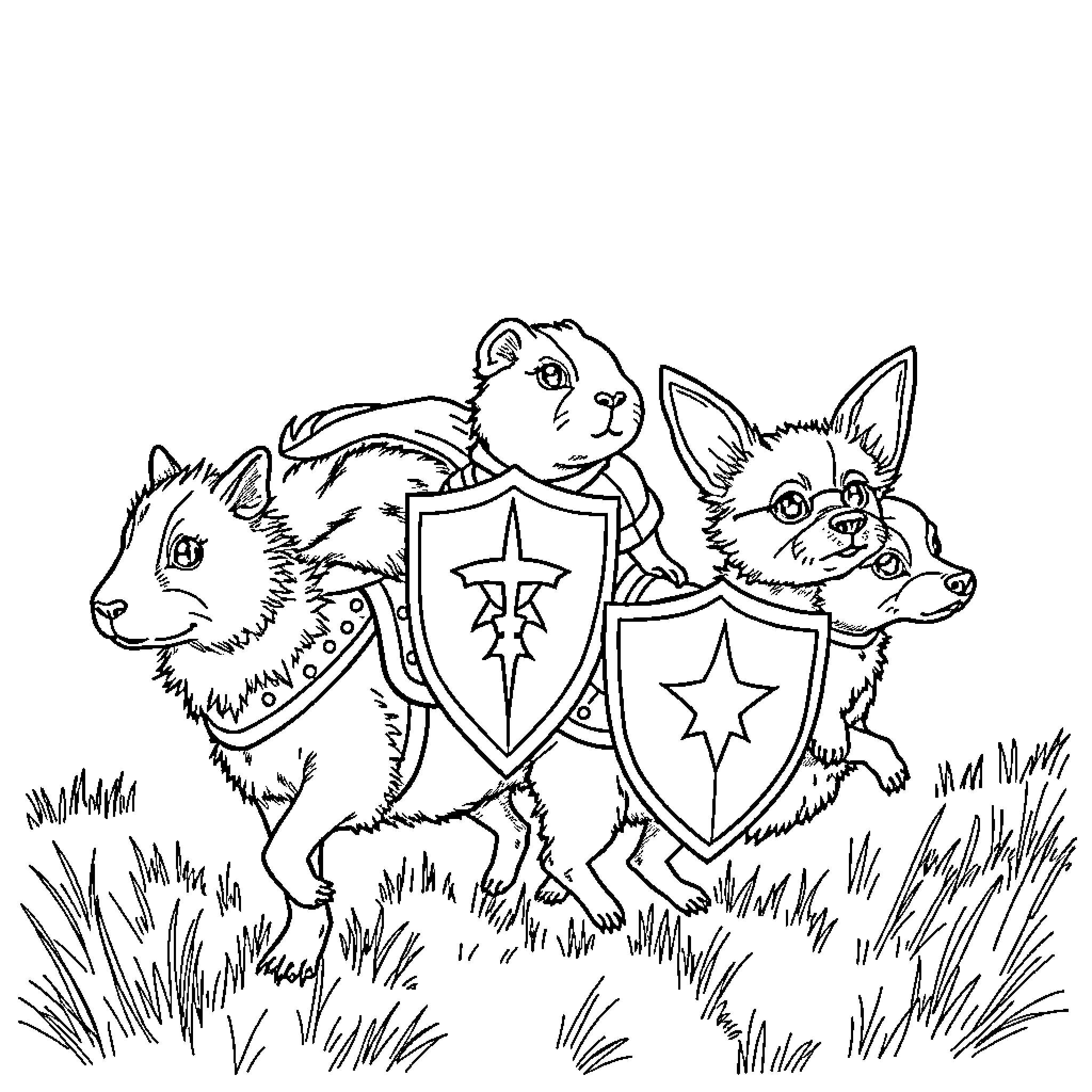 Guinea Pigs as Warrior Knights with Shields Coloring Page (free black-and-white line drawing printable PDF for all, from beginners to advanced learners, including children, teens, adults, and seniors)
