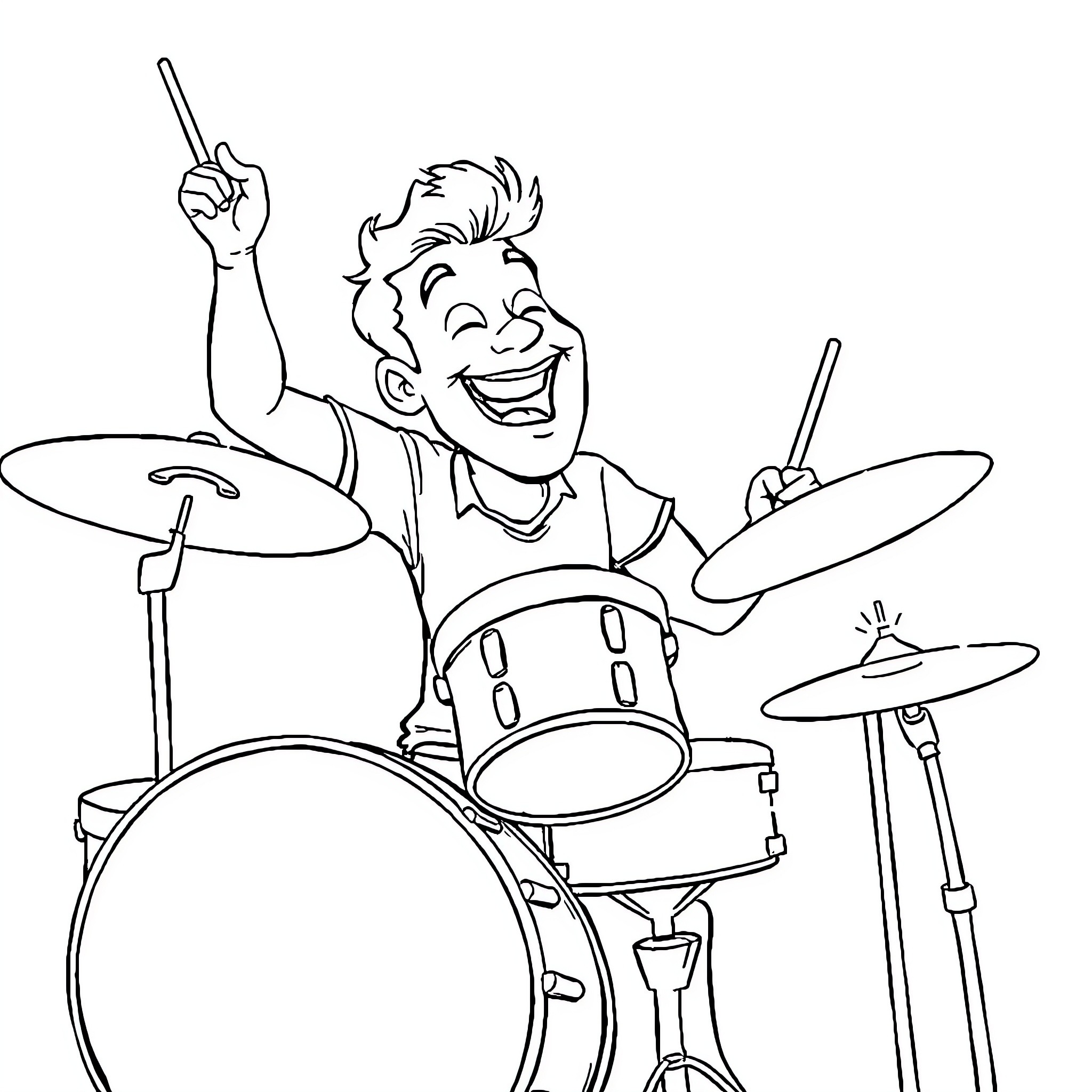 Drum Enthusiast Performing Energetically Coloring Page (free black-and-white line drawing printable PDF for all, from beginners to advanced learners, including children, teens, adults, and seniors)