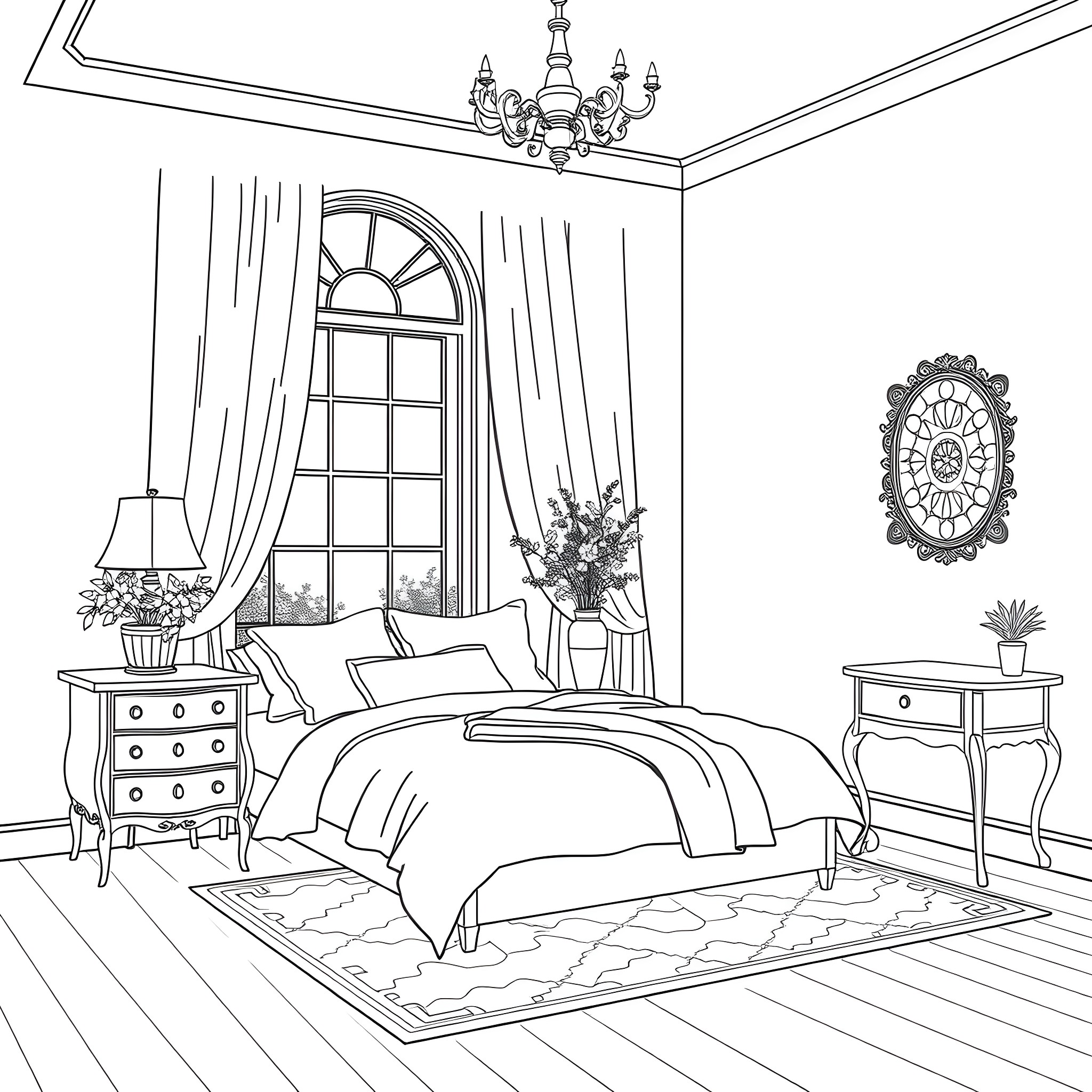 Bedroom with luxurious furnishings and decor Coloring Page (free black-and-white line drawing printable PDF for all, from beginners to advanced learners, including children, teens, adults, and seniors)