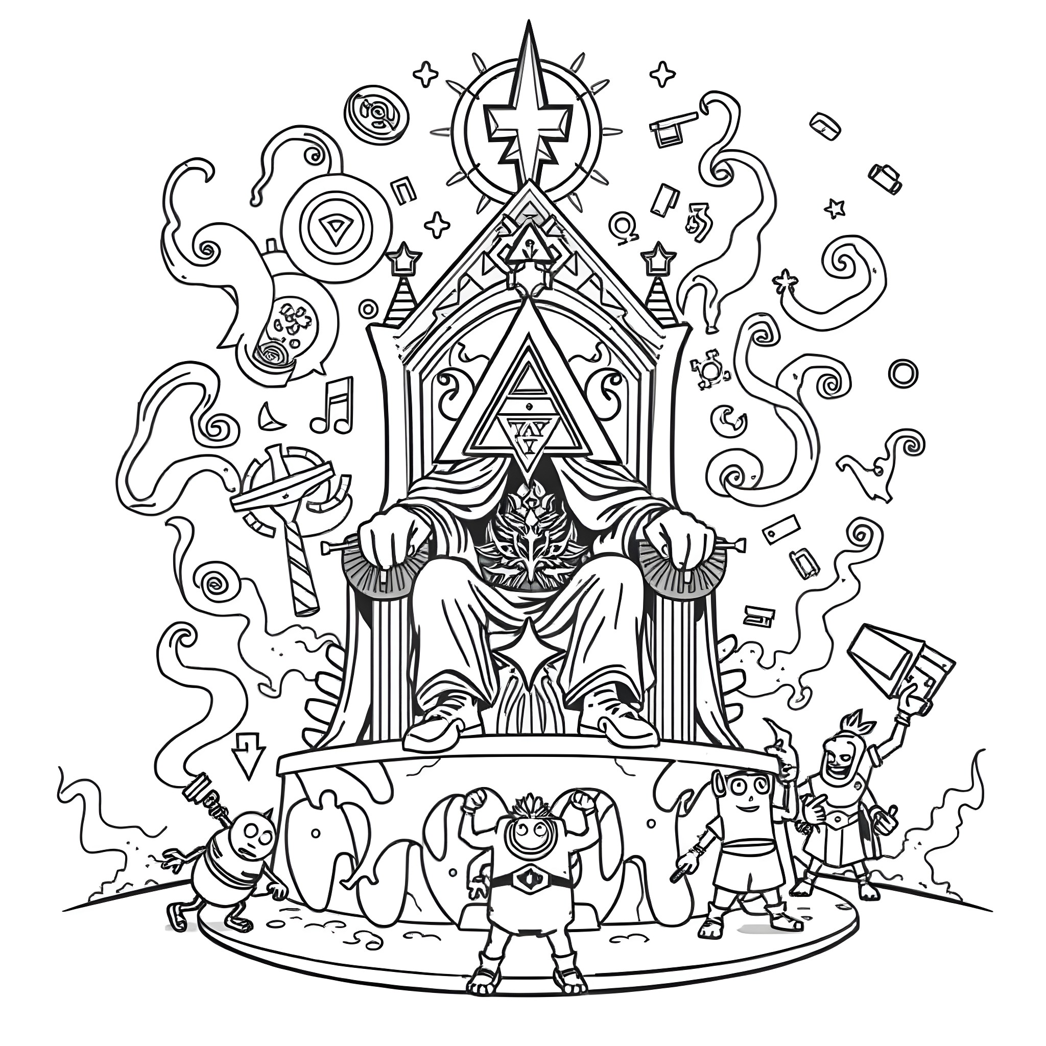 Bill Cipher's Bizarre Throne Room Revelry Coloring Page (free black-and-white line drawing printable PDF for all, from beginners to advanced learners, including children, teens, adults, and seniors)