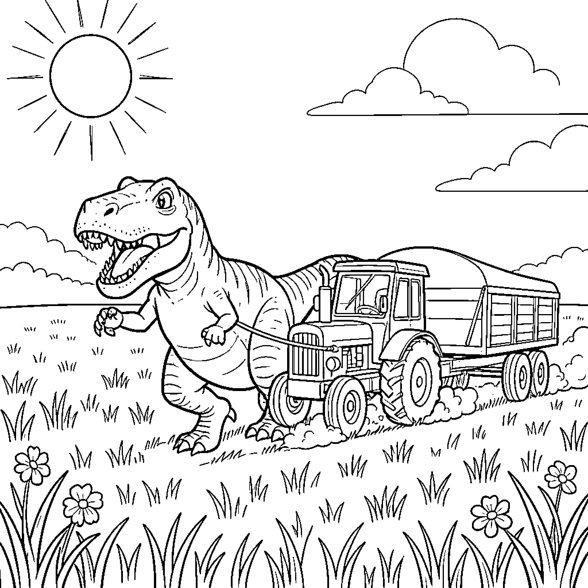 Tyrannosaurus pulling a tractor and trailer through a field Coloring Page (free black-and-white line drawing printable PDF for all, from beginners to advanced learners, including children, teens, adults, and seniors)