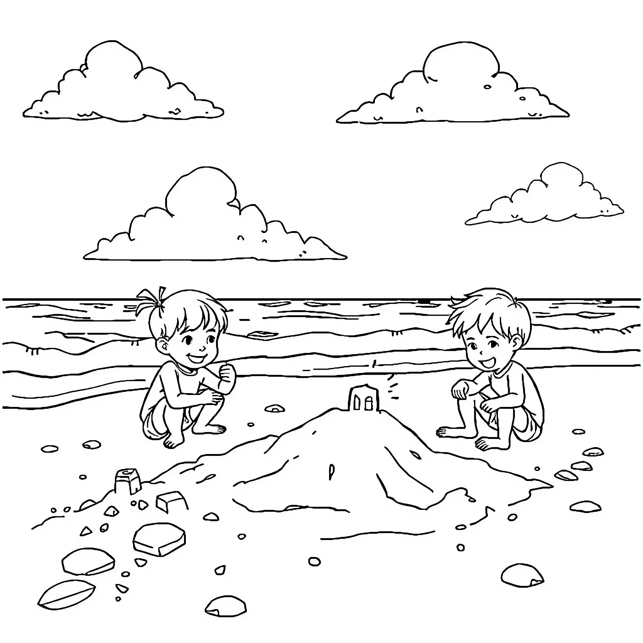 Kids playing on the beach Coloring Page (free black-and-white line drawing printable PDF for all, from beginners to advanced learners, including children, teens, adults, and seniors)
