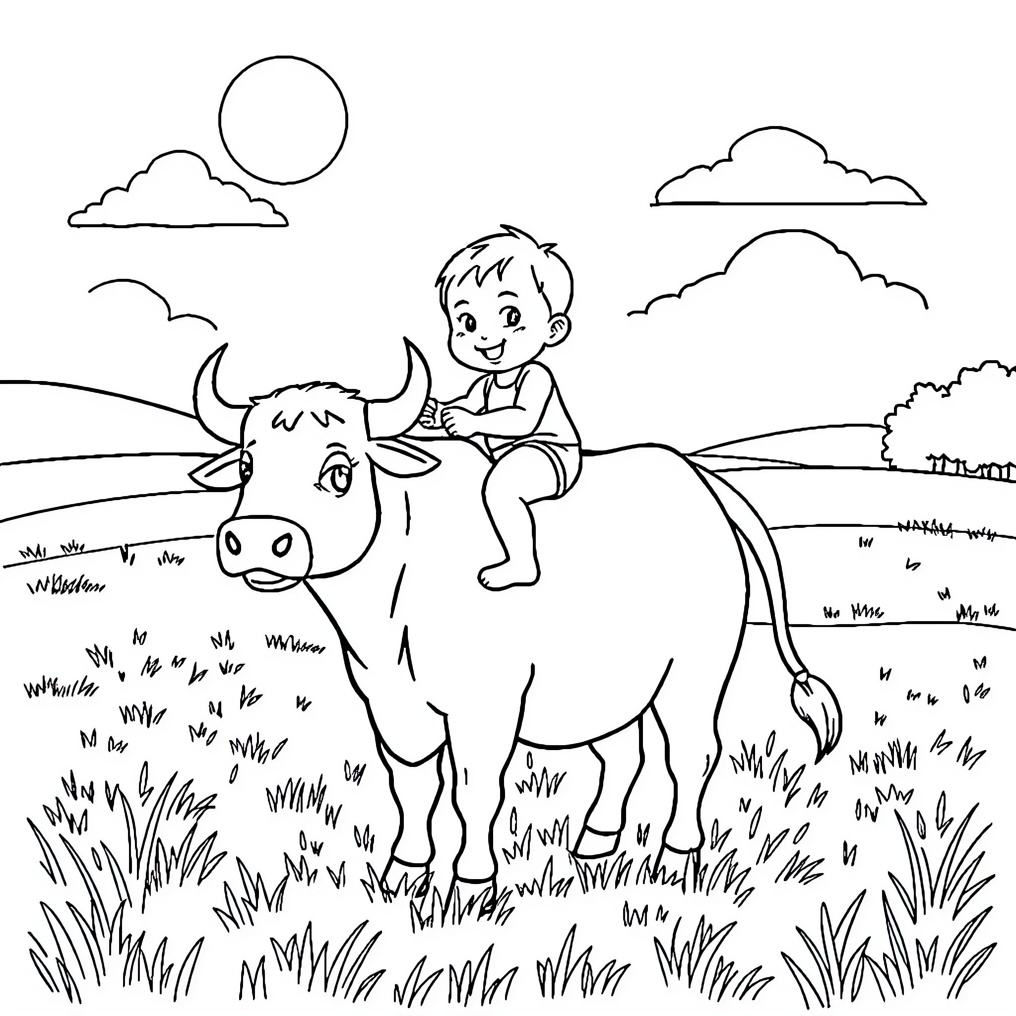 Baby riding happily on a friendly cow in the countryside Coloring Page (free black-and-white line drawing printable PDF for all, from beginners to advanced learners, including children, teens, adults, and seniors)