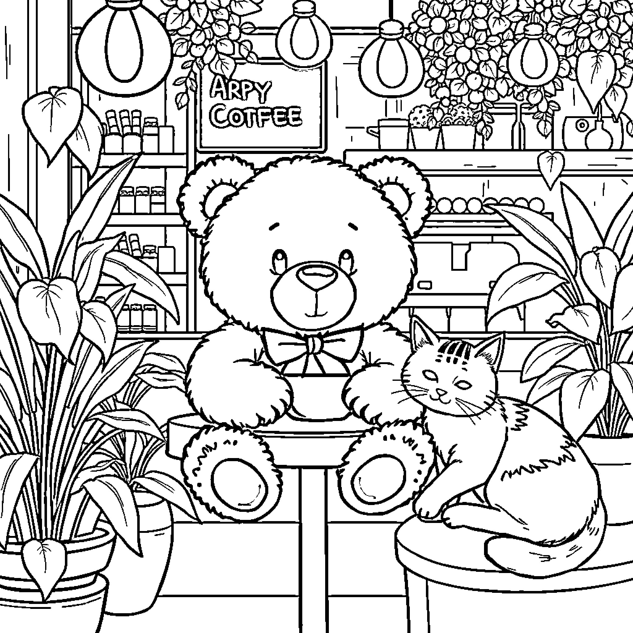 Teddy Bear and Cat in a Happy Coffee Shop Coloring Page (free black-and-white line drawing printable PDF for all, from beginners to advanced learners, including children, teens, adults, and seniors)