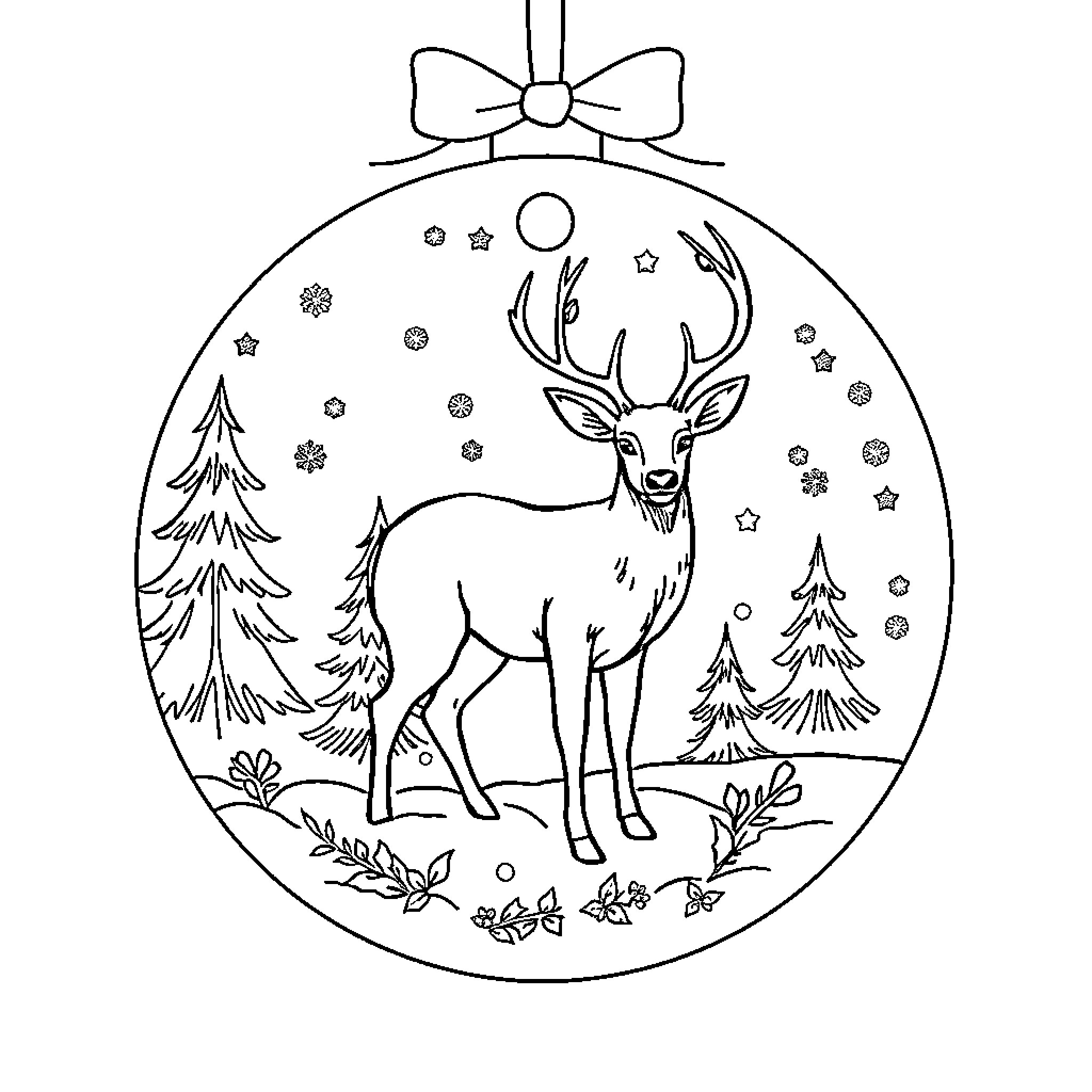 Deer standing in snowy winter scene Coloring Page (free black-and-white line drawing printable PDF for all, from beginners to advanced learners, including children, teens, adults, and seniors)