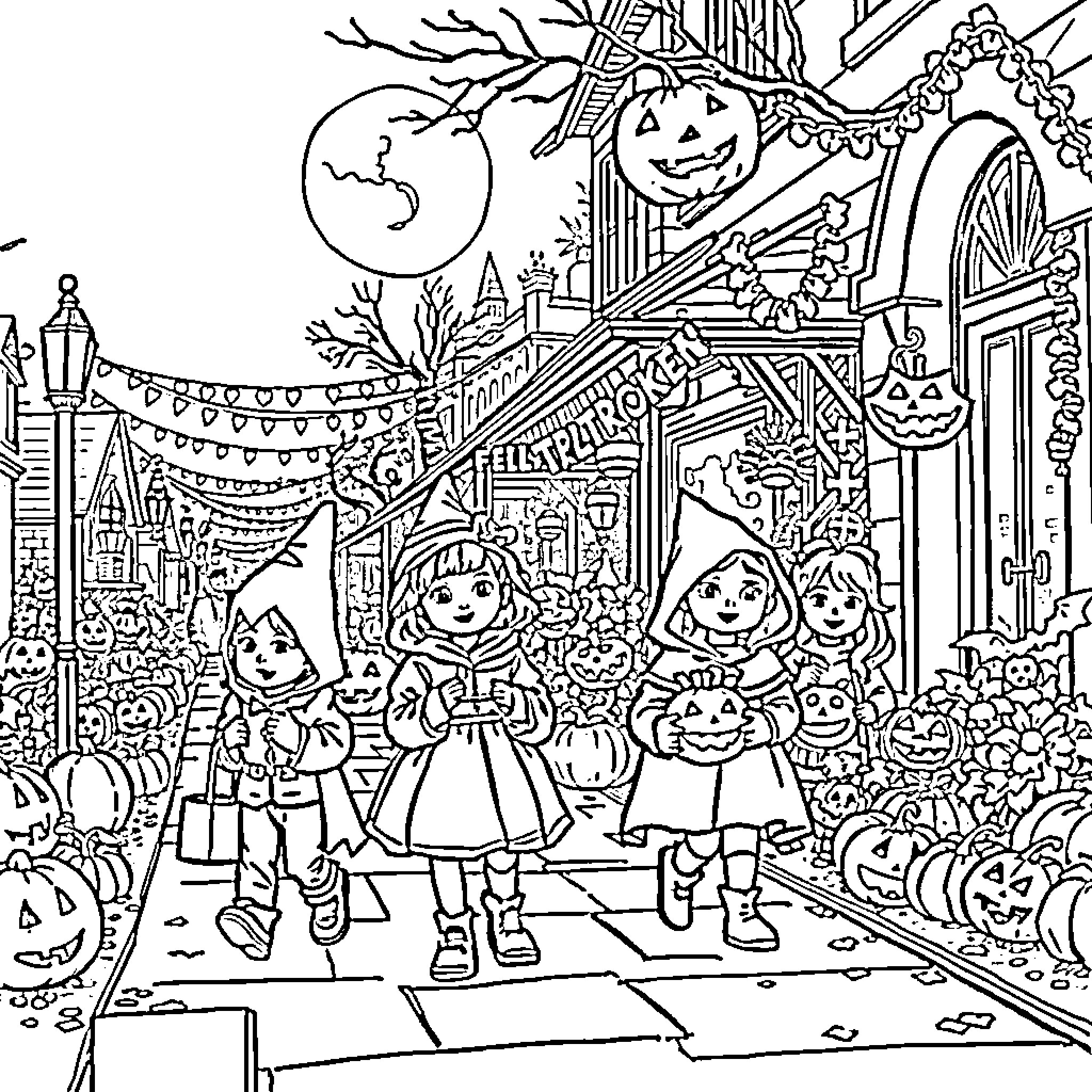 Halloween costumes and decorations in a festive town Coloring Page (free black-and-white line drawing printable PDF for all, from beginners to advanced learners, including children, teens, adults, and seniors)