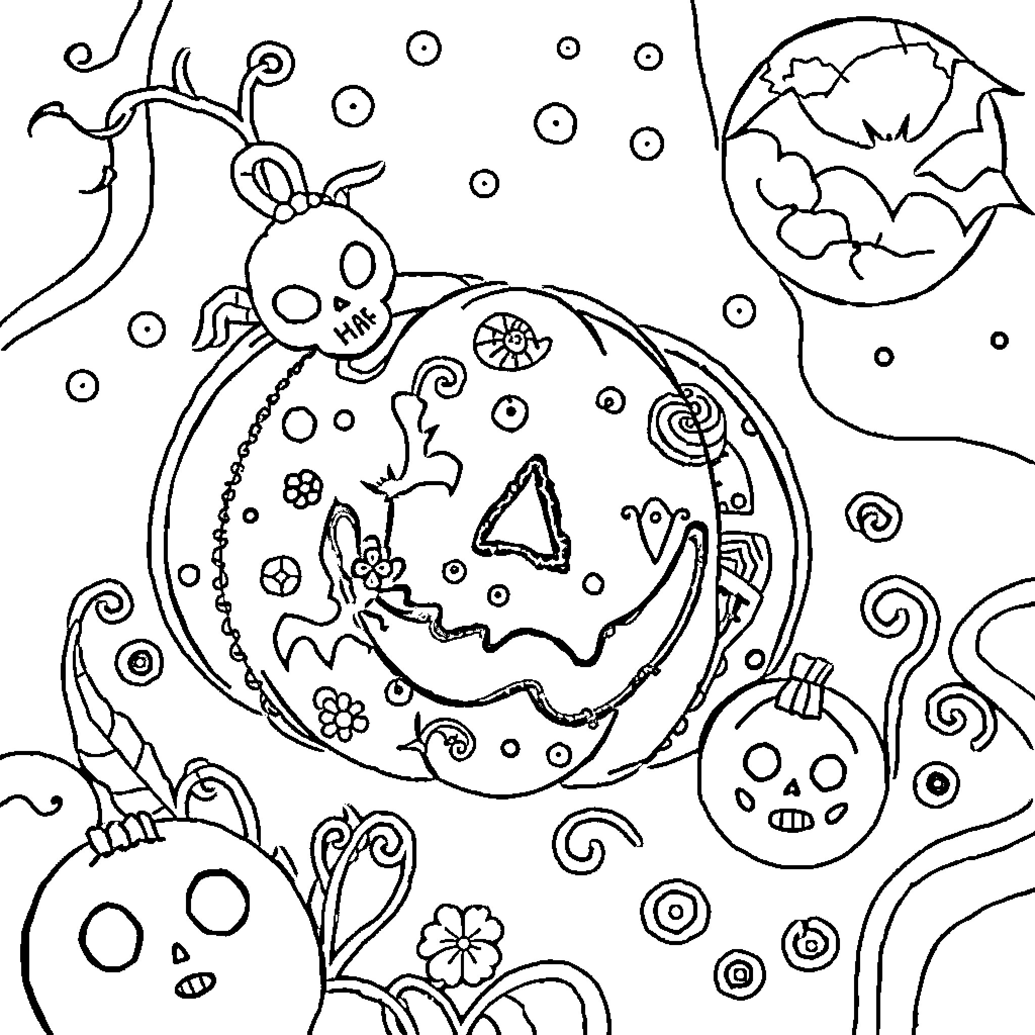 Halloween Stitch themed spooky scene Coloring Page (free black-and-white line drawing printable PDF for all, from beginners to advanced learners, including children, teens, adults, and seniors)