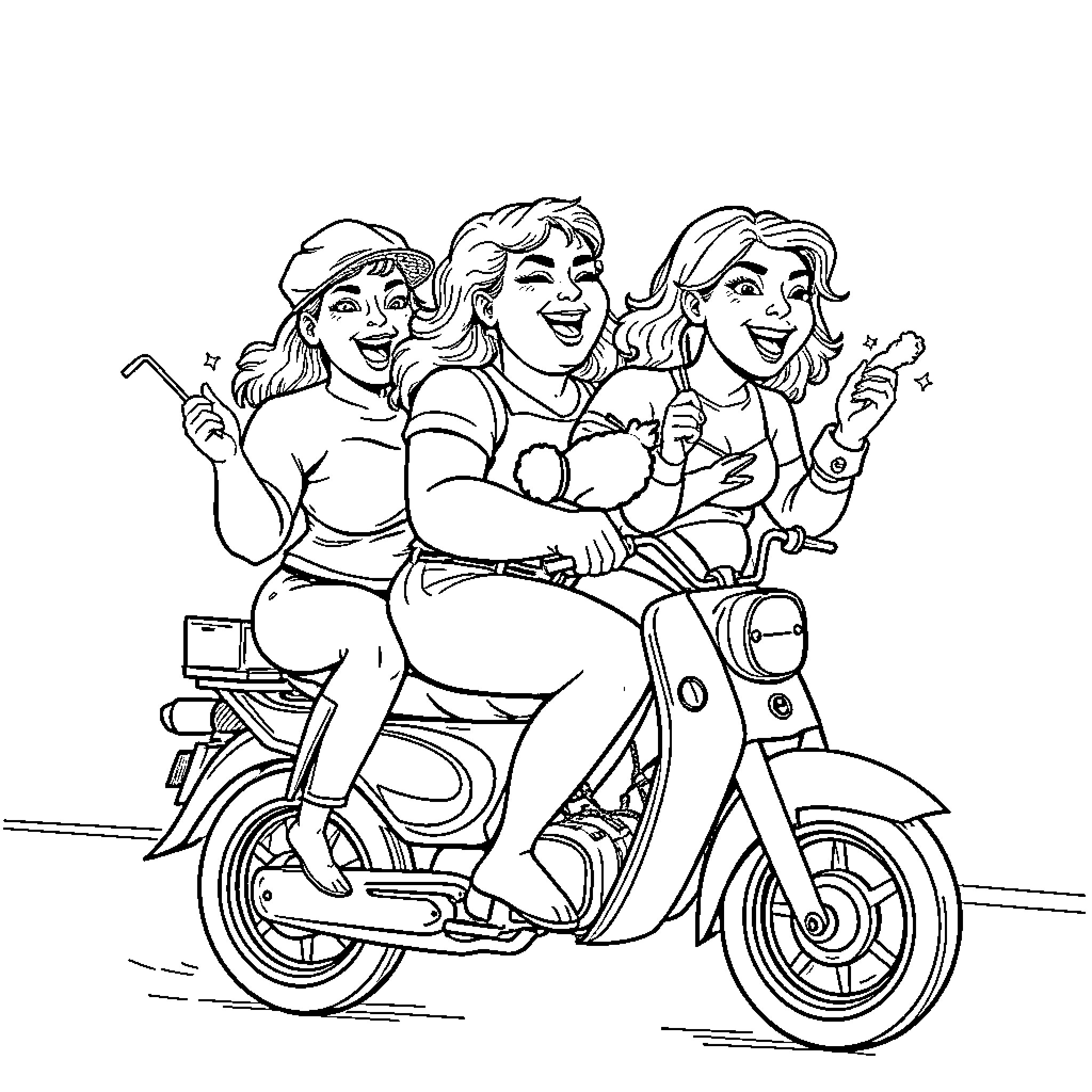 Chick friends riding motorcycle happily Coloring Page (free black-and-white line drawing printable PDF for all, from beginners to advanced learners, including children, teens, adults, and seniors)