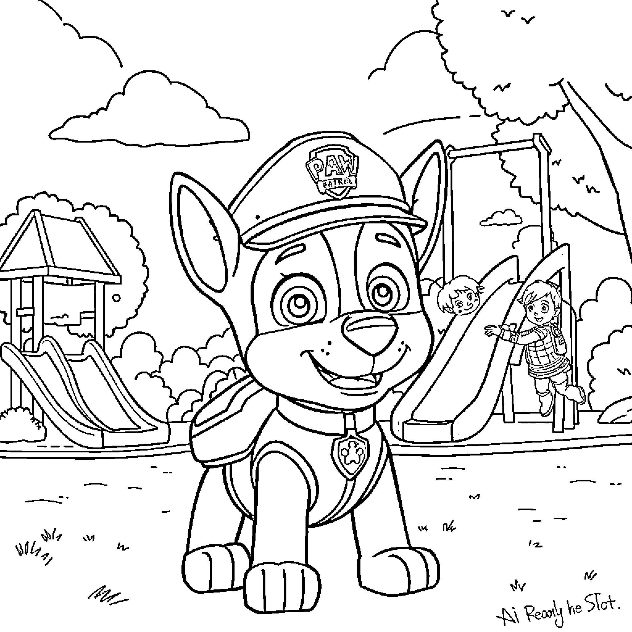 Chase through the park with paw patrol pup Coloring Page (free black-and-white line drawing printable PDF for all, from beginners to advanced learners, including children, teens, adults, and seniors)
