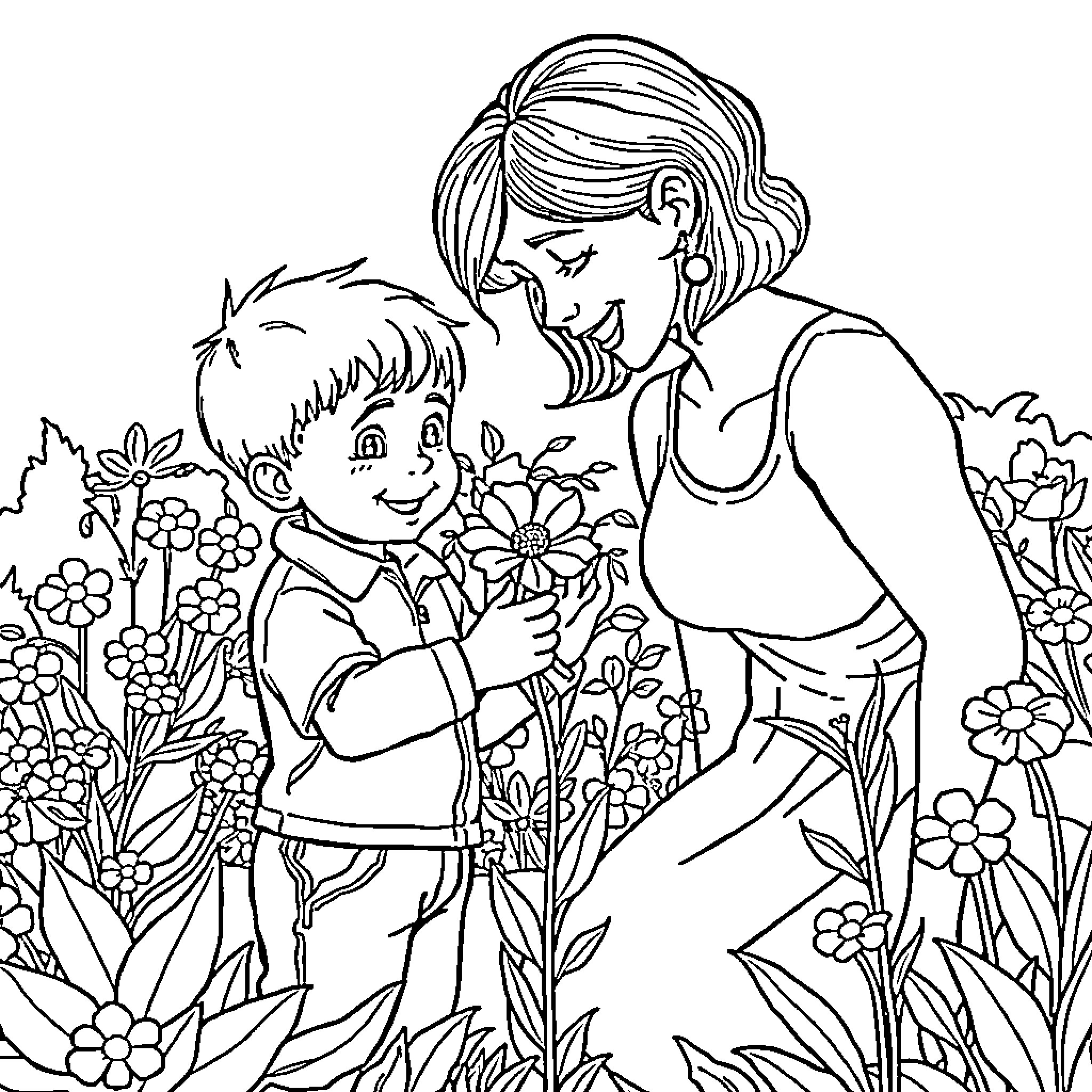 Boy gifting flowers to mother in garden Coloring Page (free black-and-white line drawing printable PDF for all, from beginners to advanced learners, including children, teens, adults, and seniors)