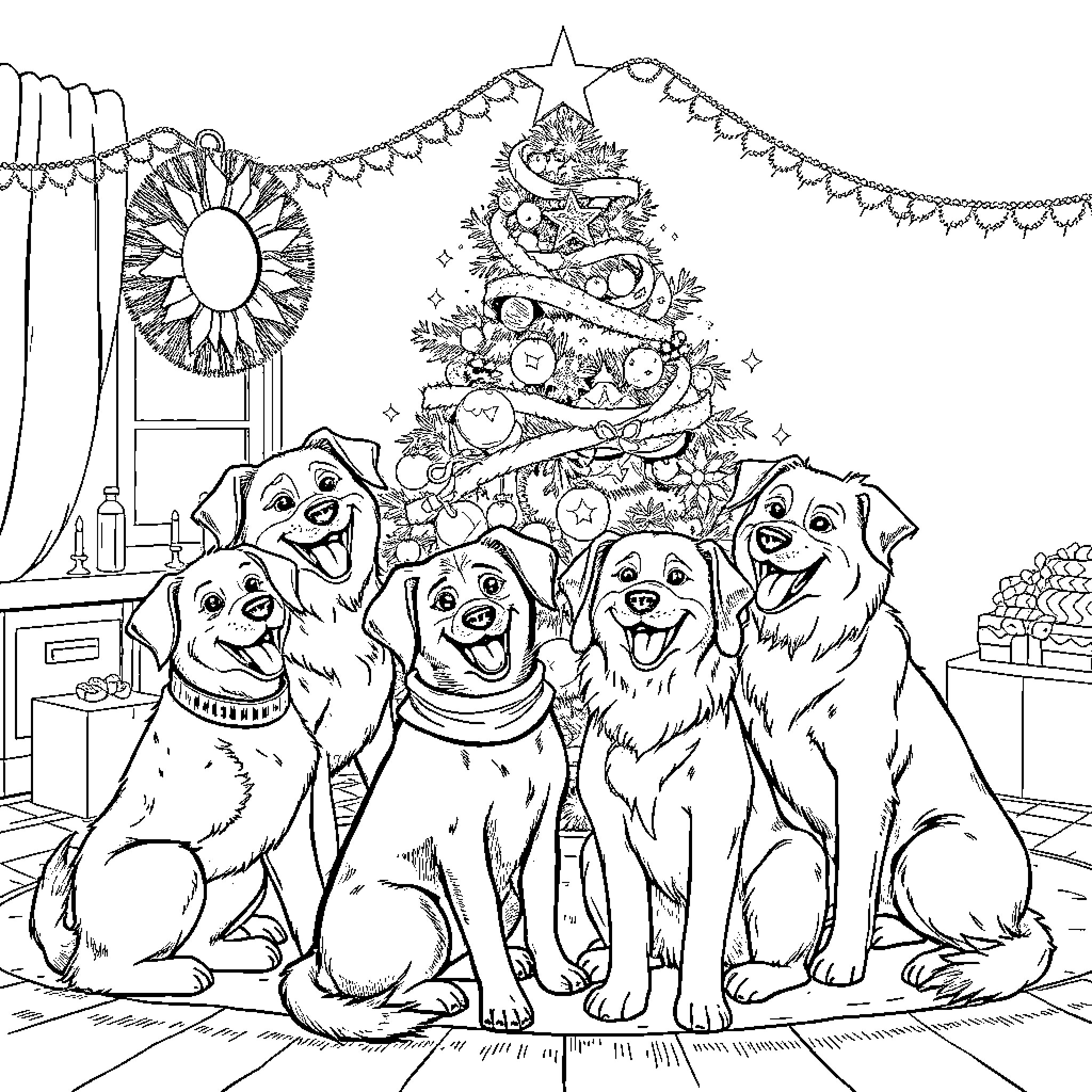 Dogs Celebrating Christmas with Decorated Tree Coloring Page (free black-and-white line drawing printable PDF for all, from beginners to advanced learners, including children, teens, adults, and seniors)