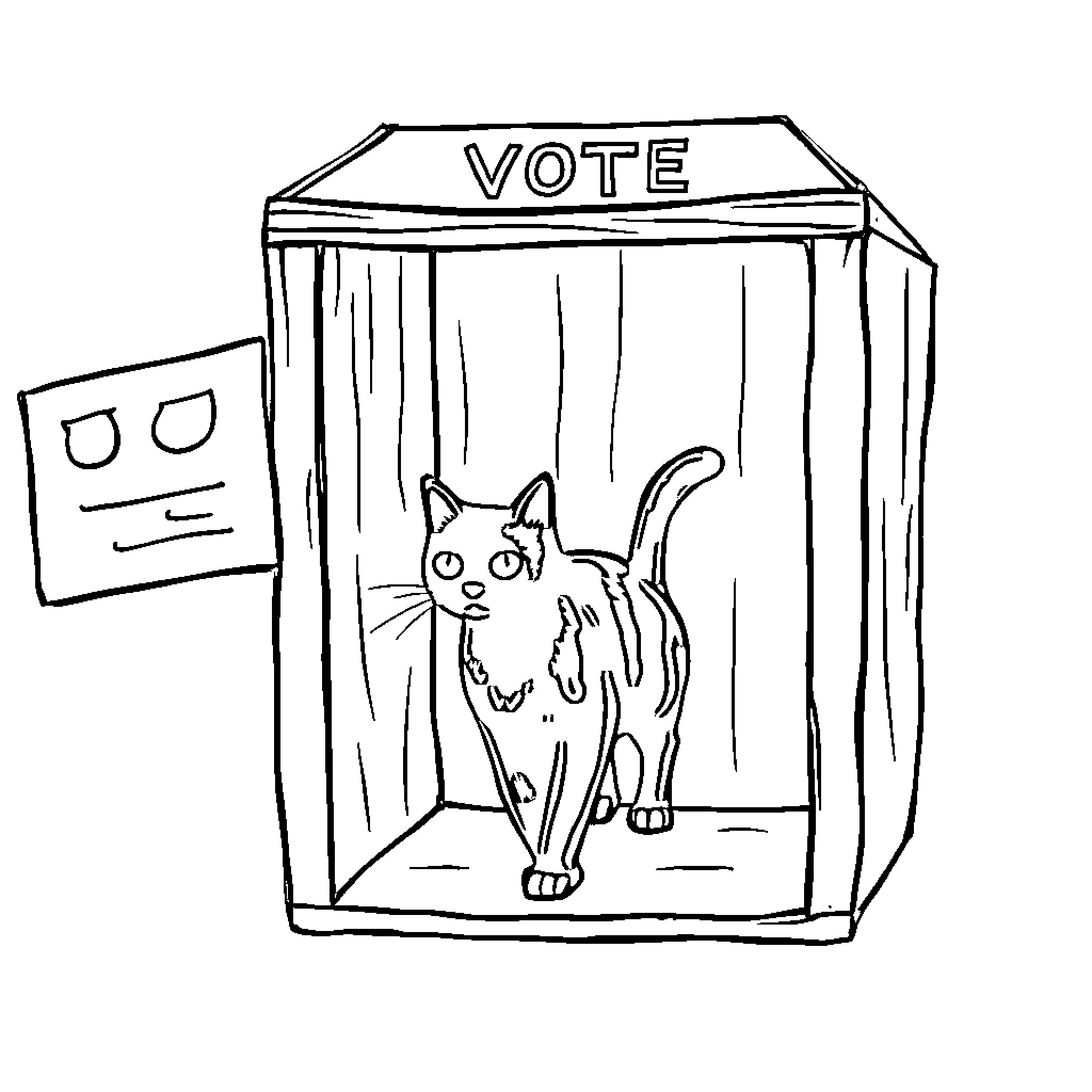 Cat sneaking into voting booth Coloring Page (free black-and-white line drawing printable PDF for all, from beginners to advanced learners, including children, teens, adults, and seniors)