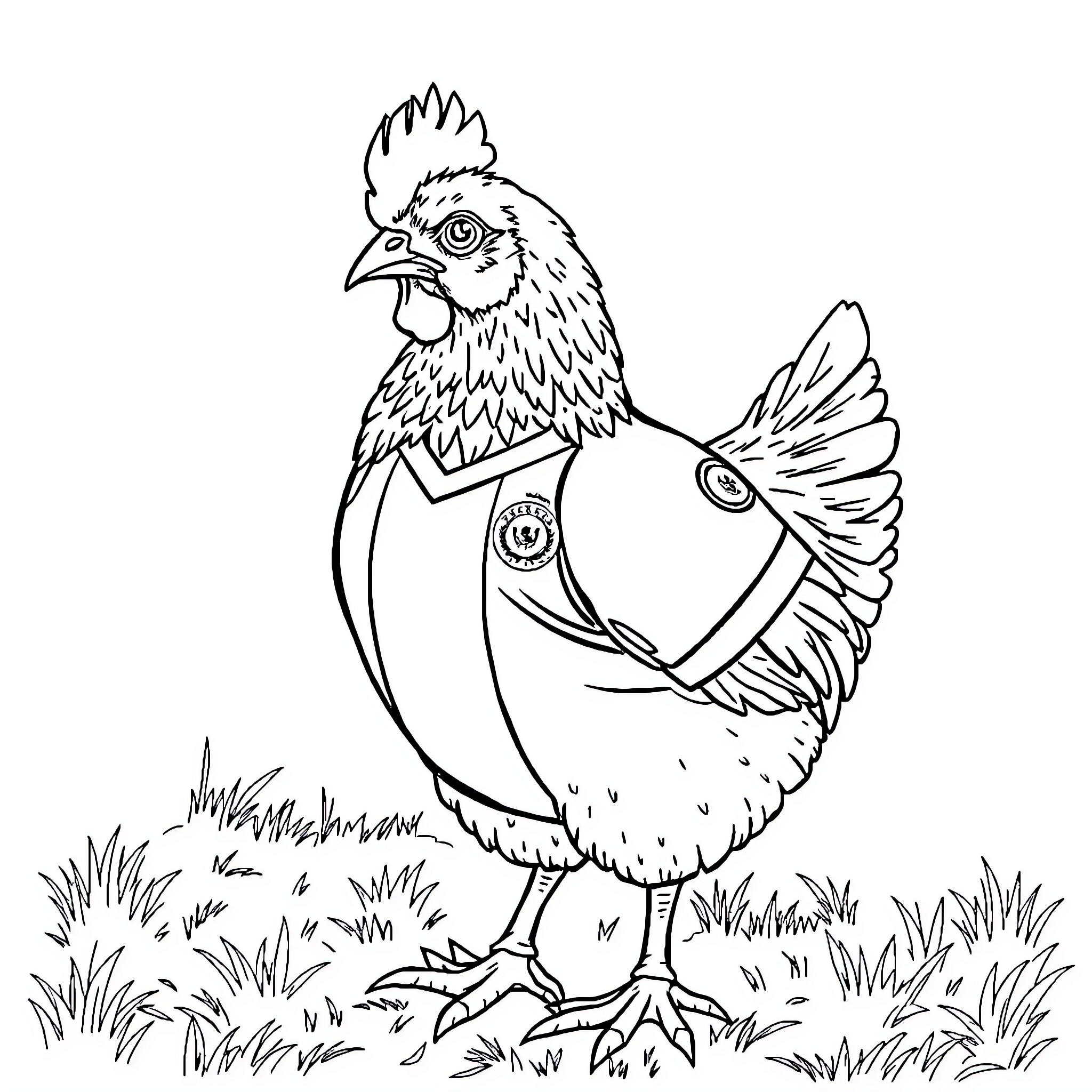 Gallina strutting with pride in the grass Coloring Page (free black-and-white line drawing printable PDF for all, from beginners to advanced learners, including children, teens, adults, and seniors)
