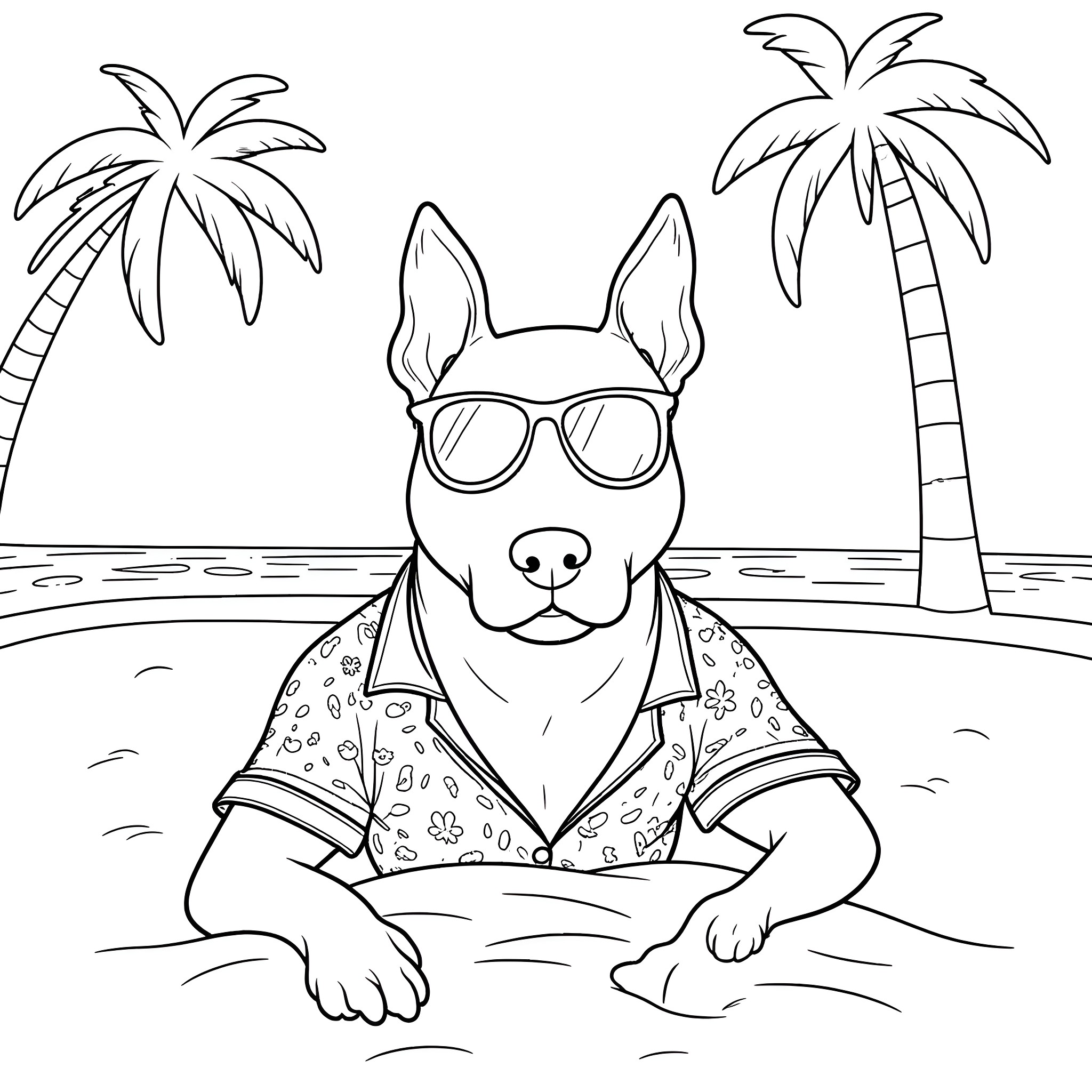 Bull Terrier enjoying the beach in summer attire Coloring Page (free black-and-white line drawing printable PDF for all, from beginners to advanced learners, including children, teens, adults, and seniors)