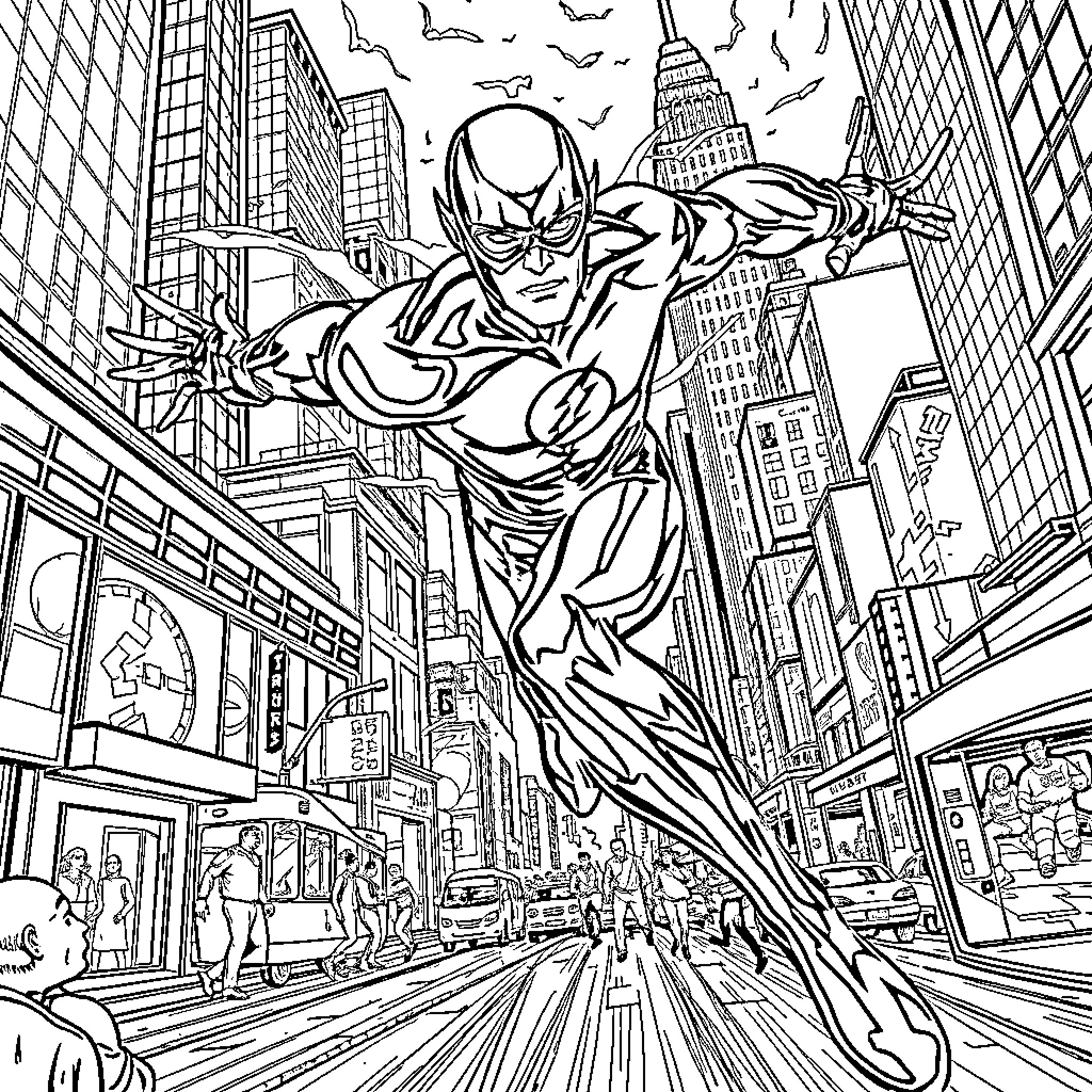 Black Flash racing through the city skyline Coloring Page (free black-and-white line drawing printable PDF for all, from beginners to advanced learners, including children, teens, adults, and seniors)