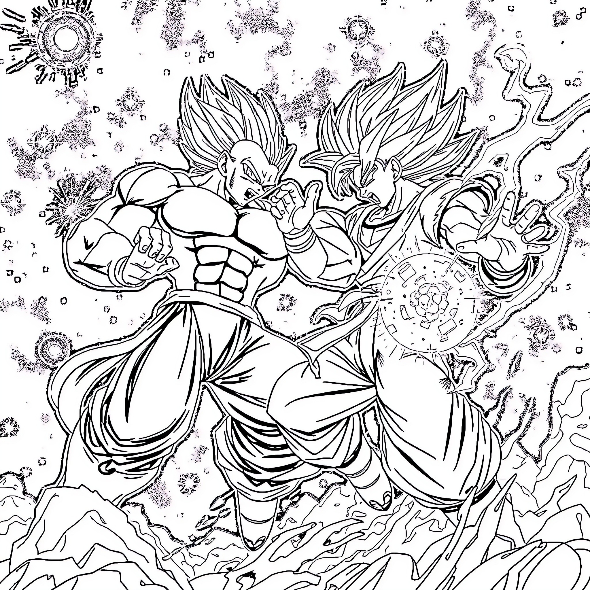 Goku's Explosive Super Saiyan Transformation Coloring Page (free black-and-white line drawing printable PDF for all, from beginners to advanced learners, including children, teens, adults, and seniors)