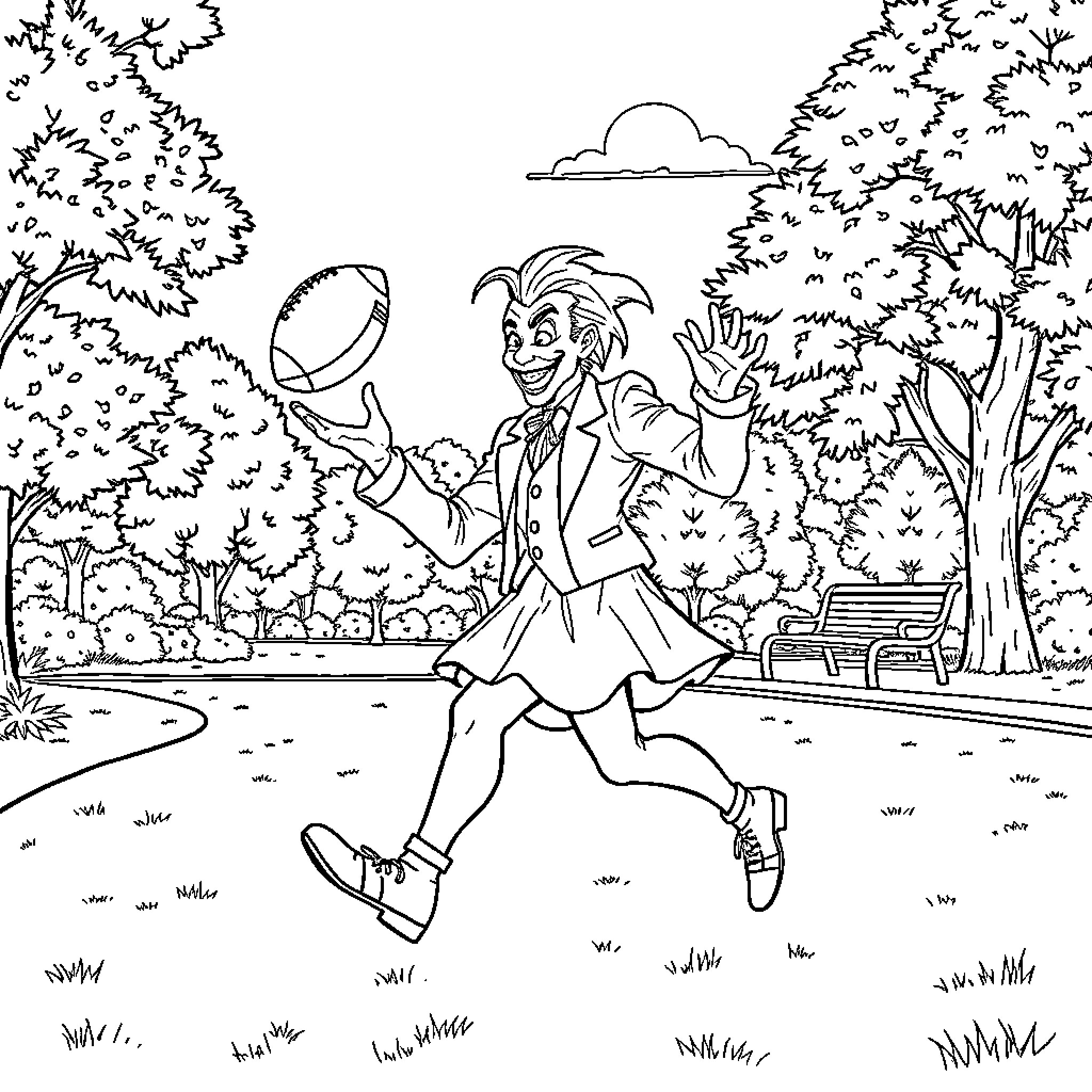 Joker Frolicking Joyfully in the Park Coloring Page (free black-and-white line drawing printable PDF for all, from beginners to advanced learners, including children, teens, adults, and seniors)