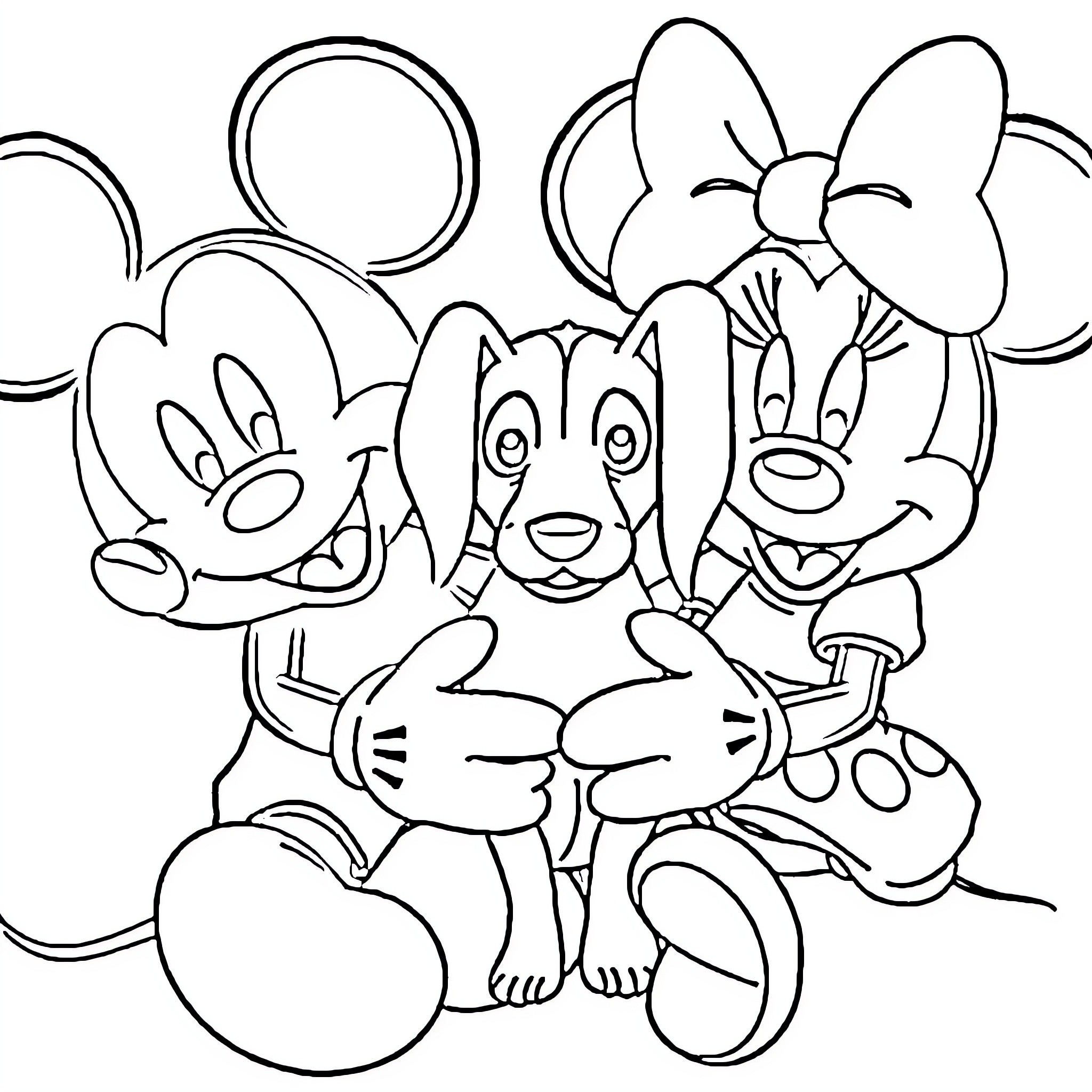 Mickey Mouse and Friends in Playful Poses Coloring Page (free black-and-white line drawing printable PDF for all, from beginners to advanced learners, including children, teens, adults, and seniors)